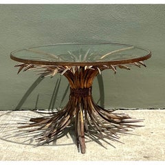 Vintage Distressed Gilt Metal and Glass Wheat Sheaf Table
