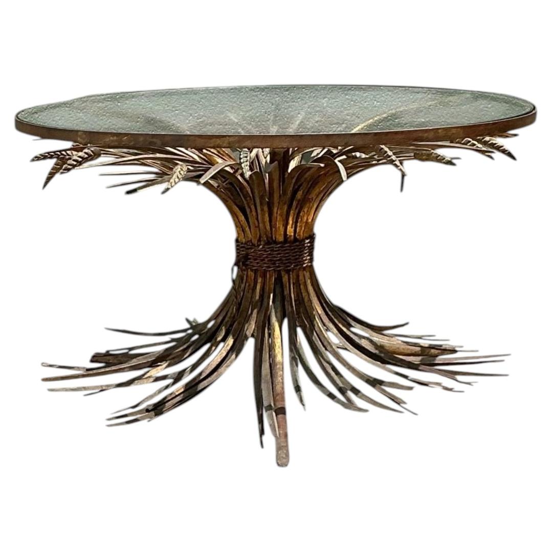 Vintage Distressed Gilt Metal and Glass Wheat Sheaf Table