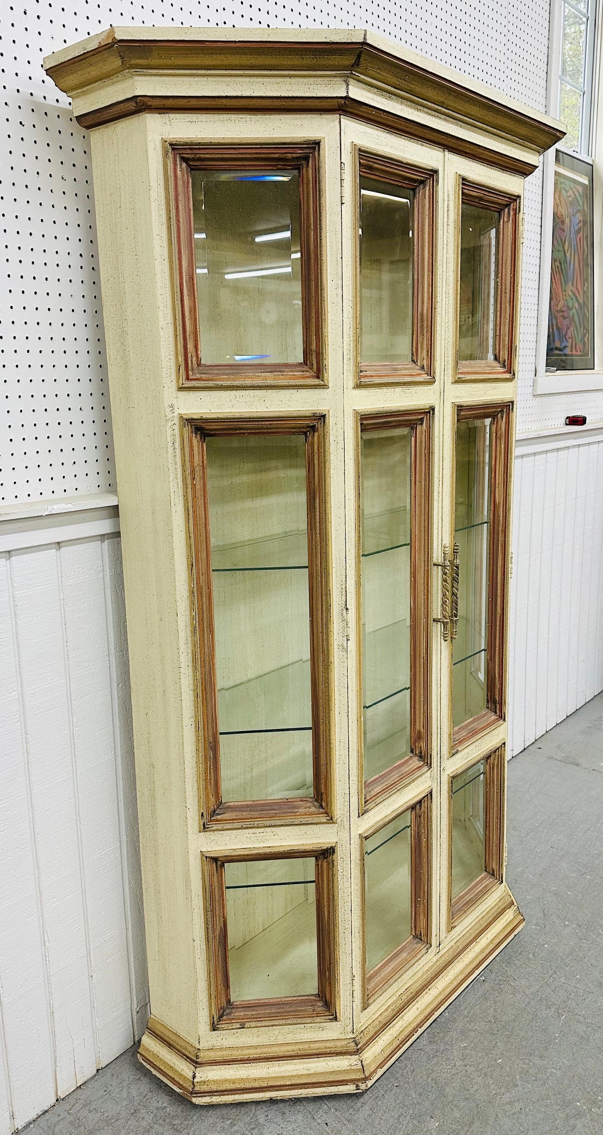 Hollywood Regency Vintage Distressed Glass Display Cabinet For Sale