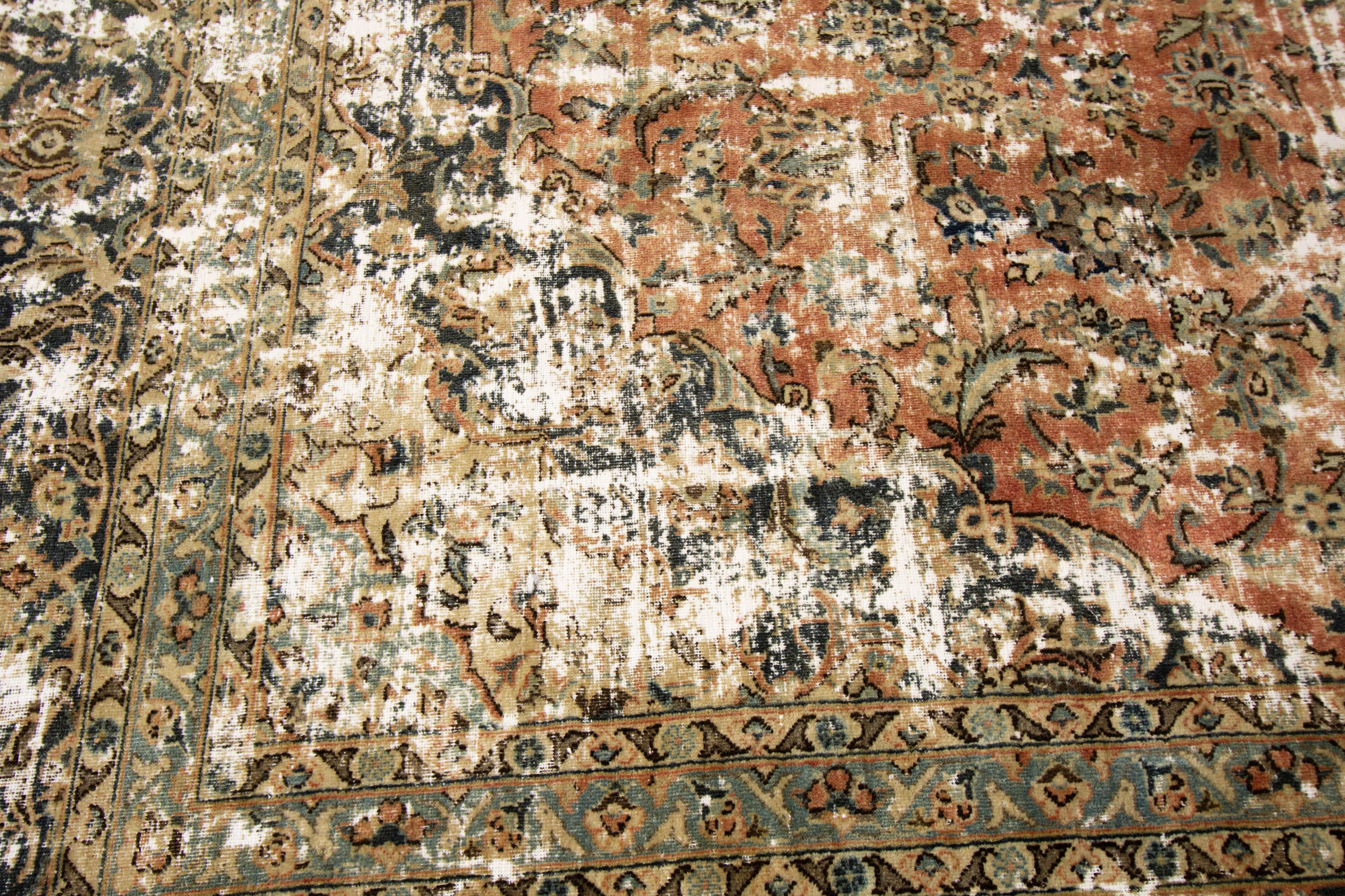 Vintage Distressed Hand Knotted Wool Rug For Sale 1