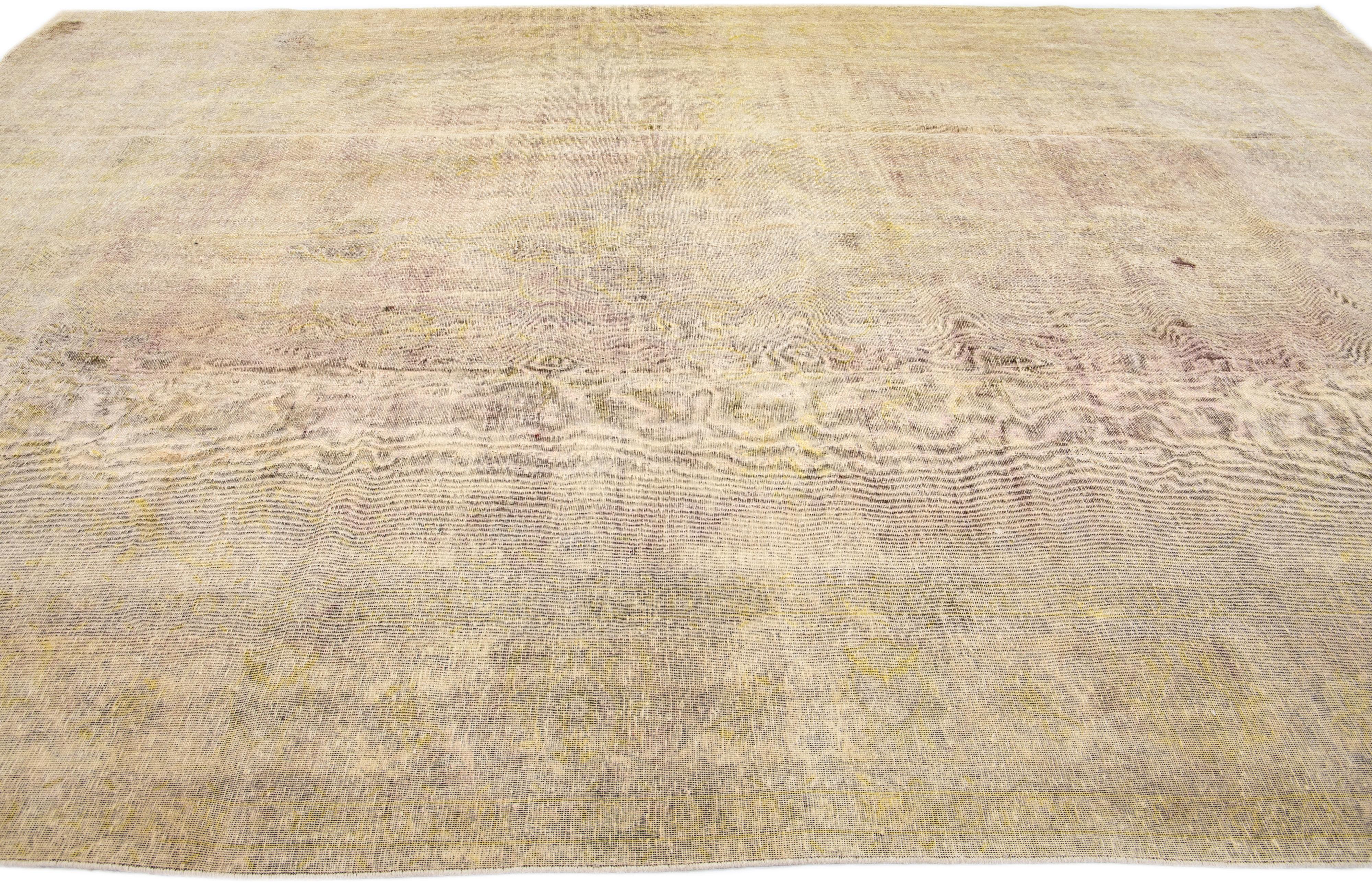 Hand-Knotted Vintage Distressed Handmade Beige Persian Wool Rug For Sale
