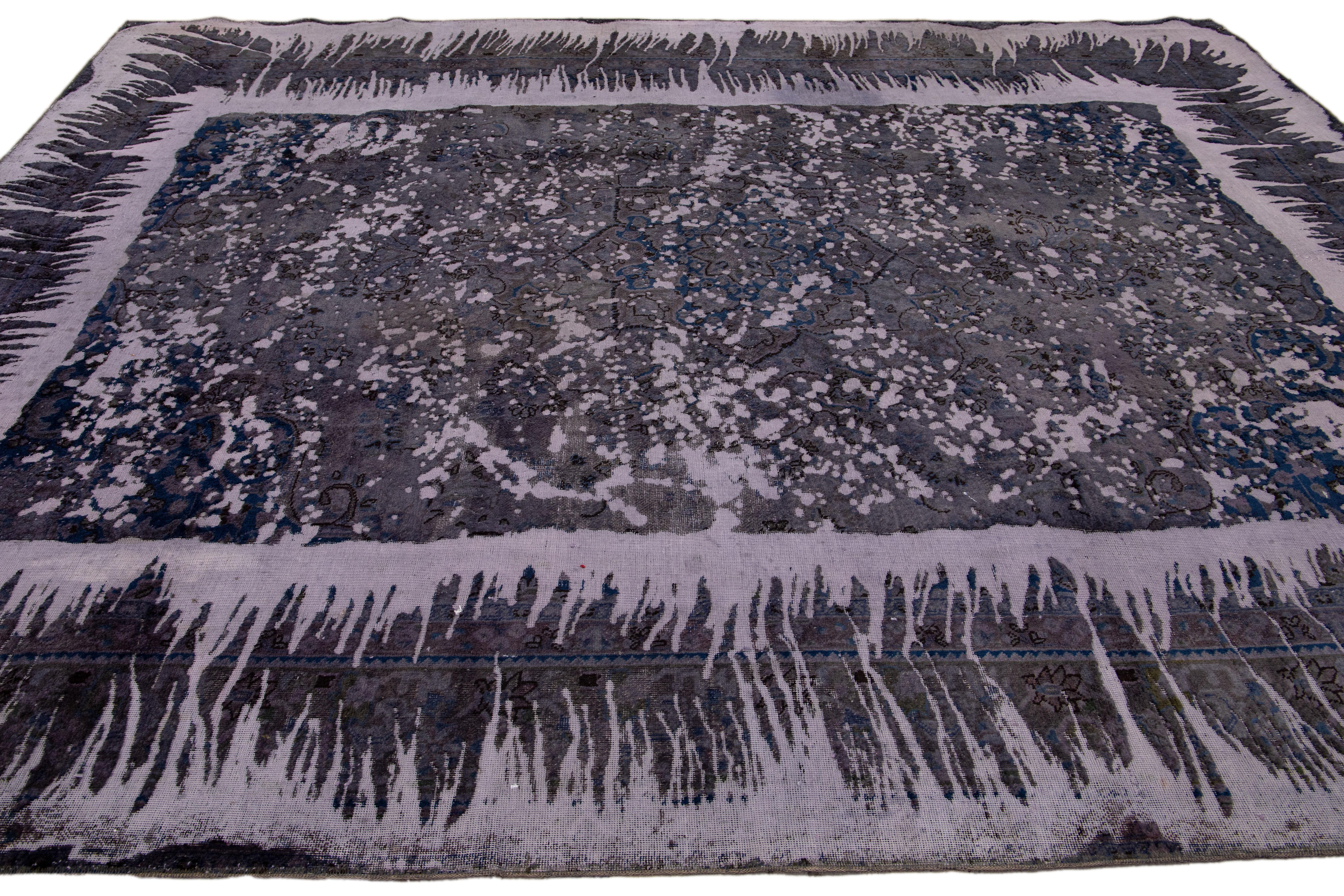 Hand-Knotted Vintage Distressed Handmade Floral Gray And Blue Wool Rug For Sale