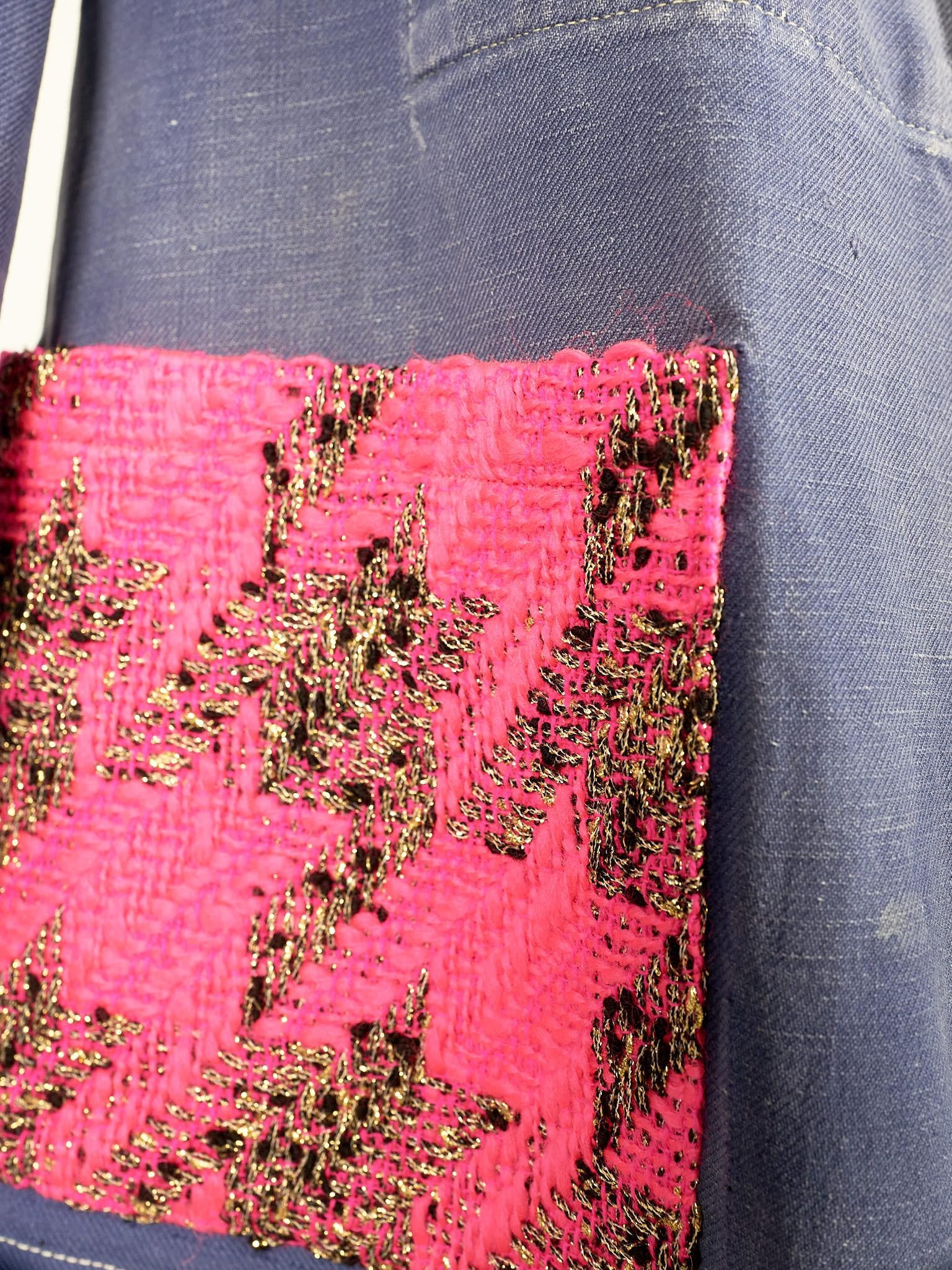 Vintage Distressed Jacket Blue French Work Wear Neon Pink Tweed Small In New Condition In Los Angeles, CA