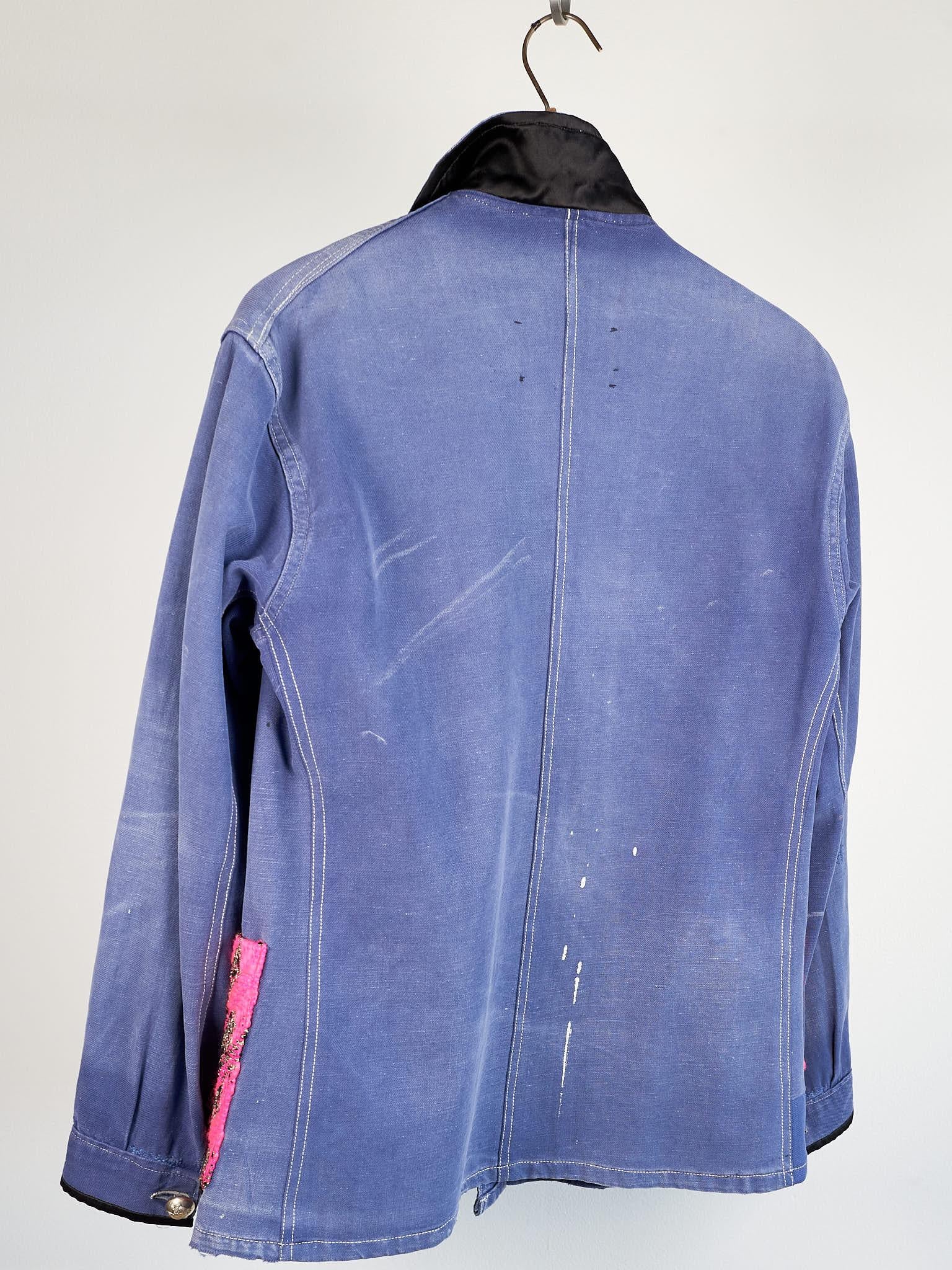 Vintage Distressed Jacket Blue French Work Wear Neon Pink Tweed Small 1
