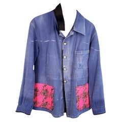 Vintage Distressed Jacket Blue French Work Wear Neon Pink Tweed Small
