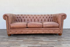 Vintage Distressed Leather Chesterfield Sofa  Made in Canada  Camel Brown