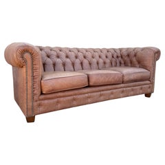 Vintage Distressed Leather Chesterfield Sofa  Made in Canada  Camel Brown