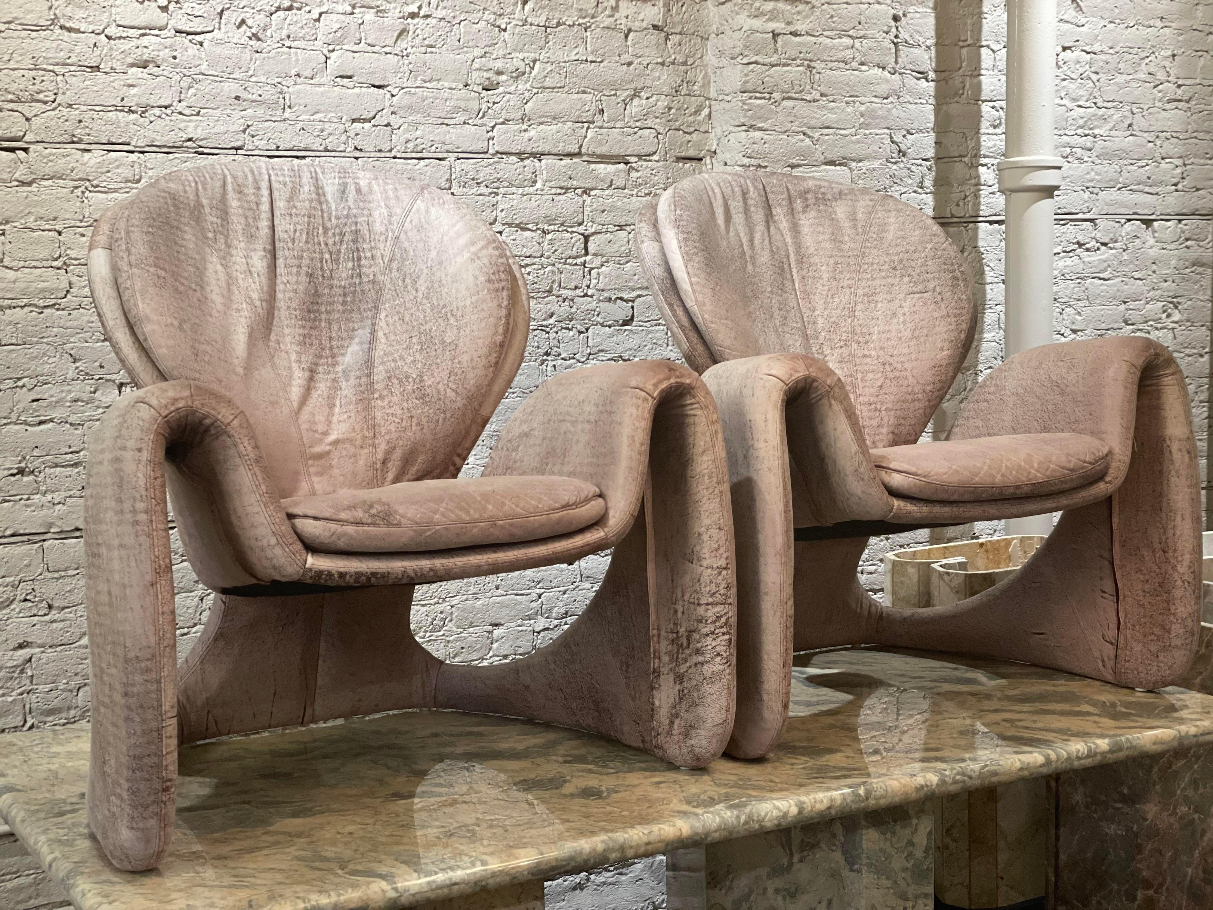 Postmodern Vintage Distressed Leather Sculptural Chairs, Pair For Sale 4