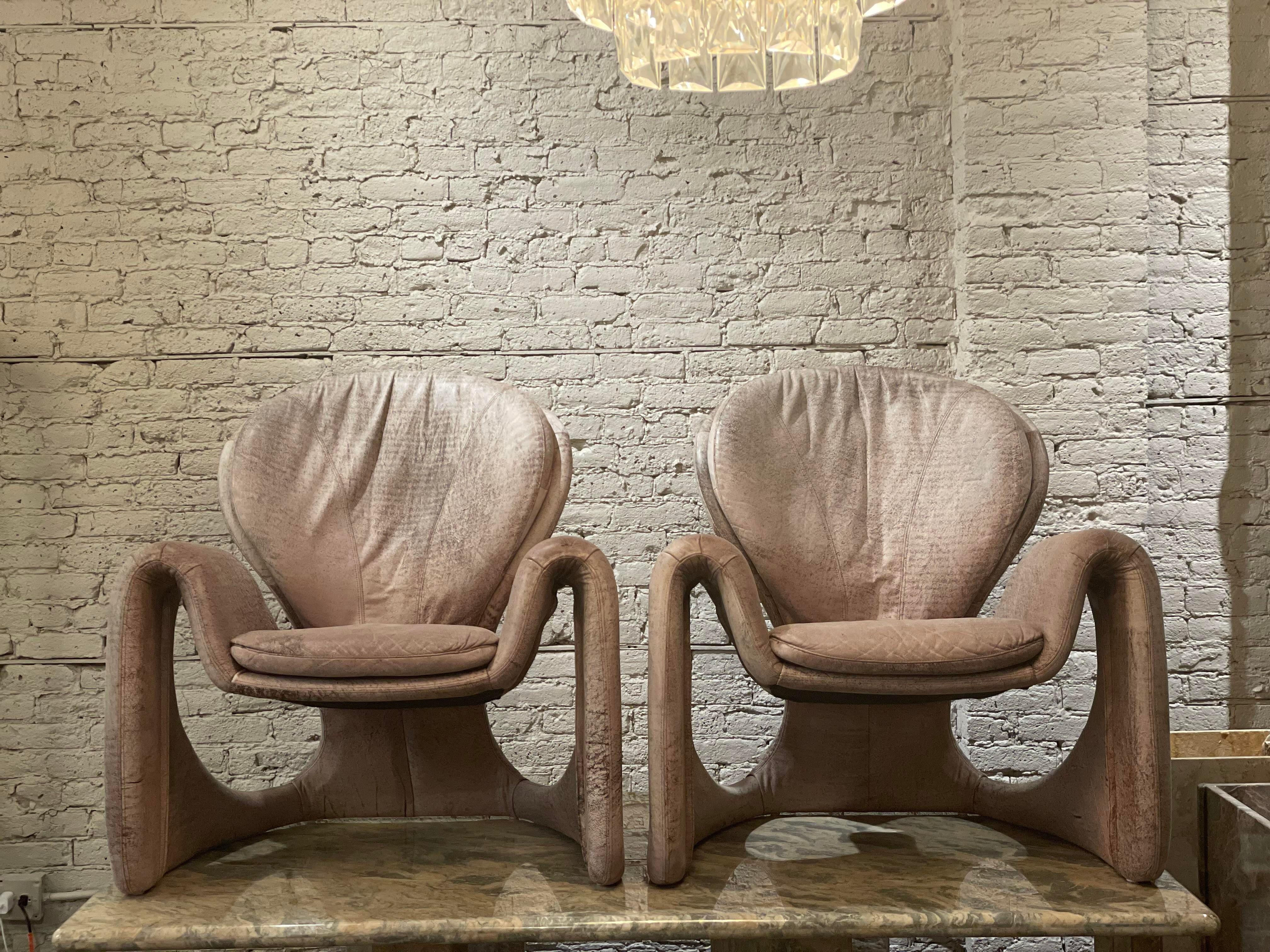 Post-Modern Postmodern Vintage Distressed Leather Sculptural Chairs, Pair For Sale