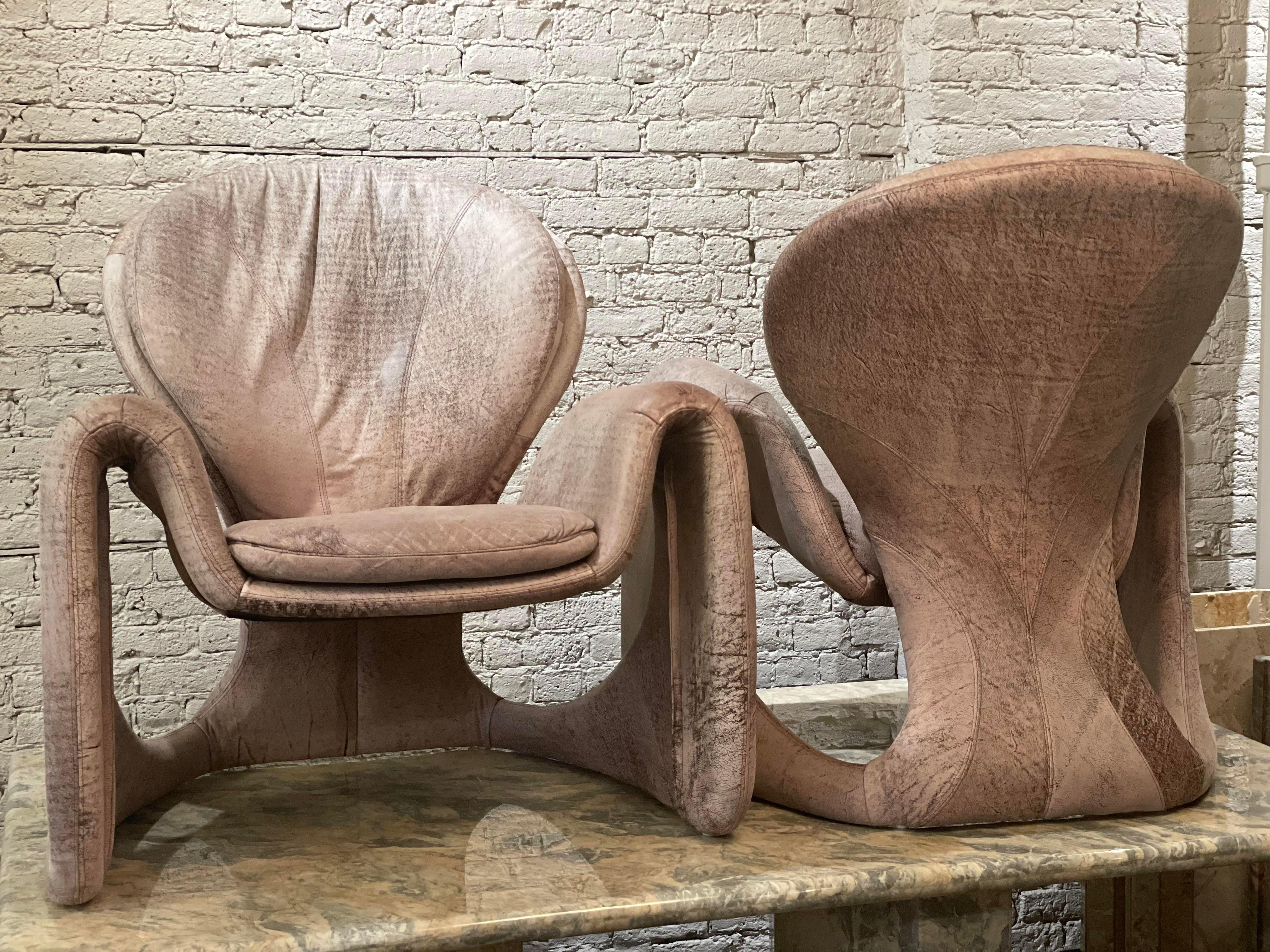 Postmodern Vintage Distressed Leather Sculptural Chairs, Pair For Sale 2