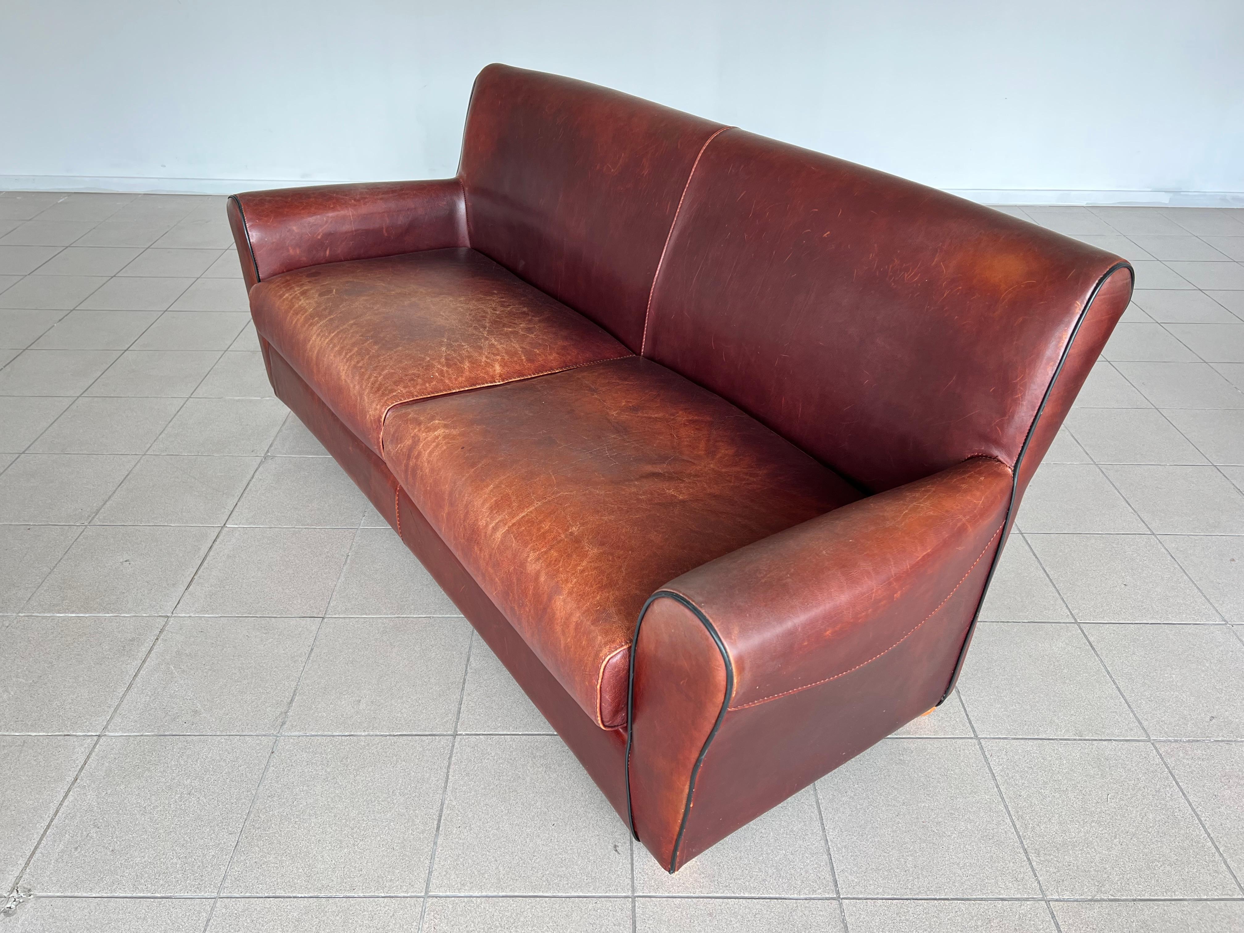 Mid-Century Modern Vintage Distressed Leather Sofa Set By Roche Bobois