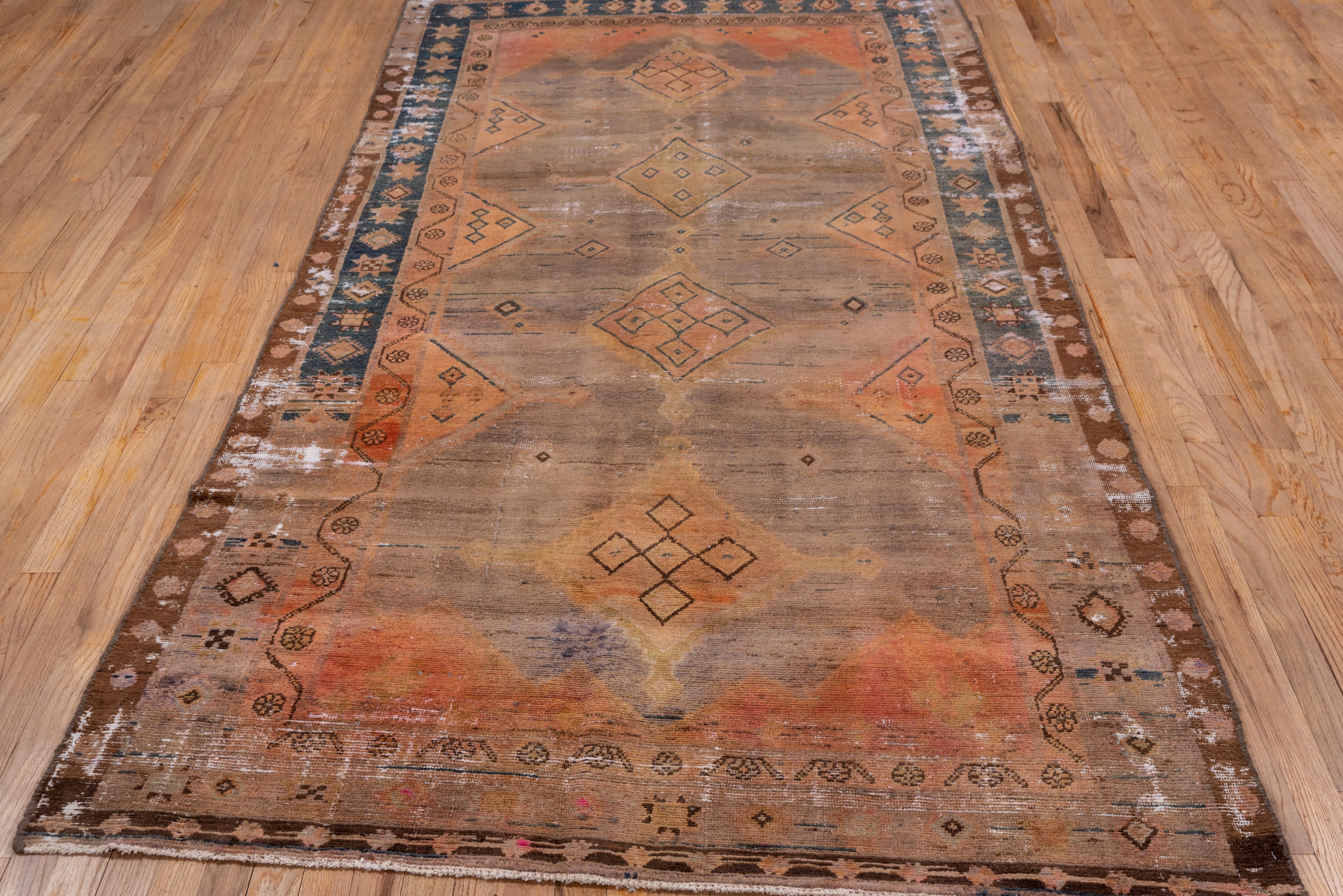 Hand-Knotted Vintage Distressed Long Tribal Rug, Orange Field, Blue and Gray Border For Sale