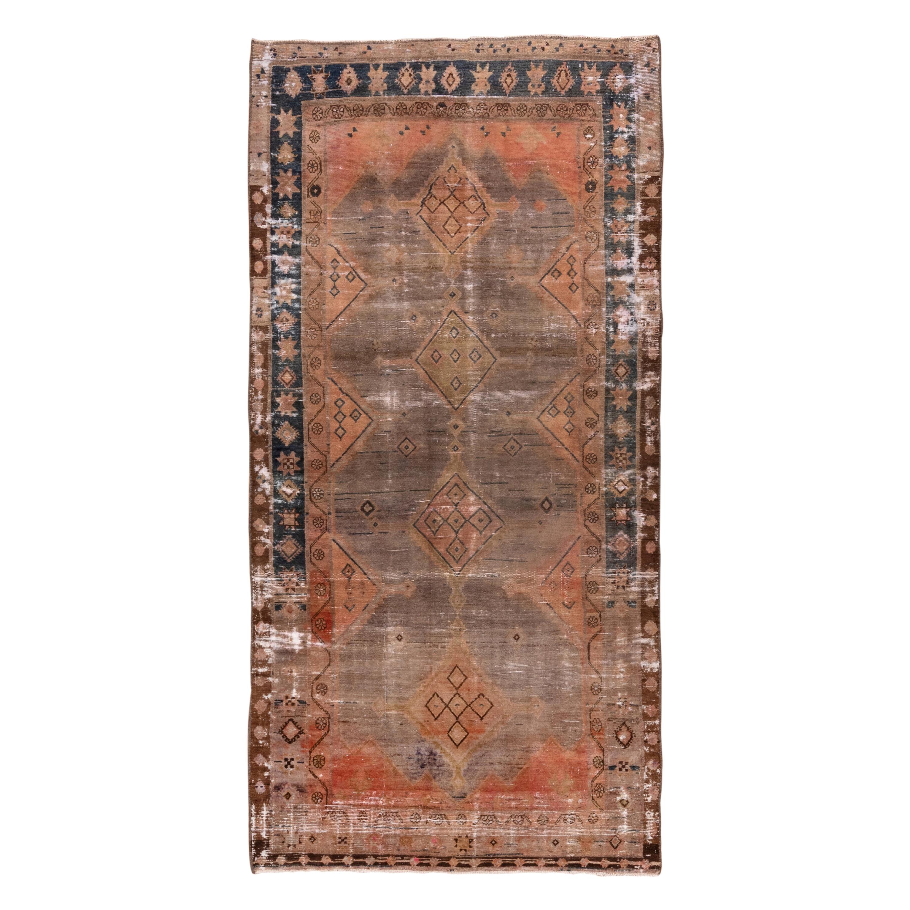 Vintage Distressed Long Tribal Rug, Orange Field, Blue and Gray Border For Sale