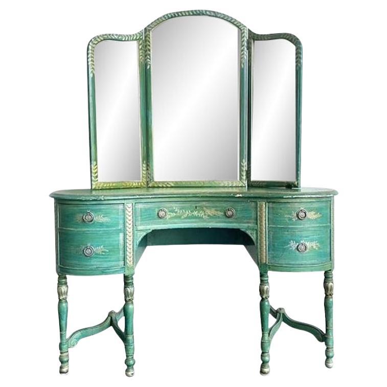 Vintage Distressed Mirrored Vanity and Chair For Sale