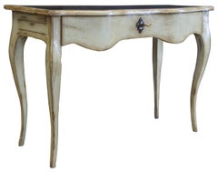 Vintage Distressed Oak French Serpentine Leather Top Entry Table Console Desk