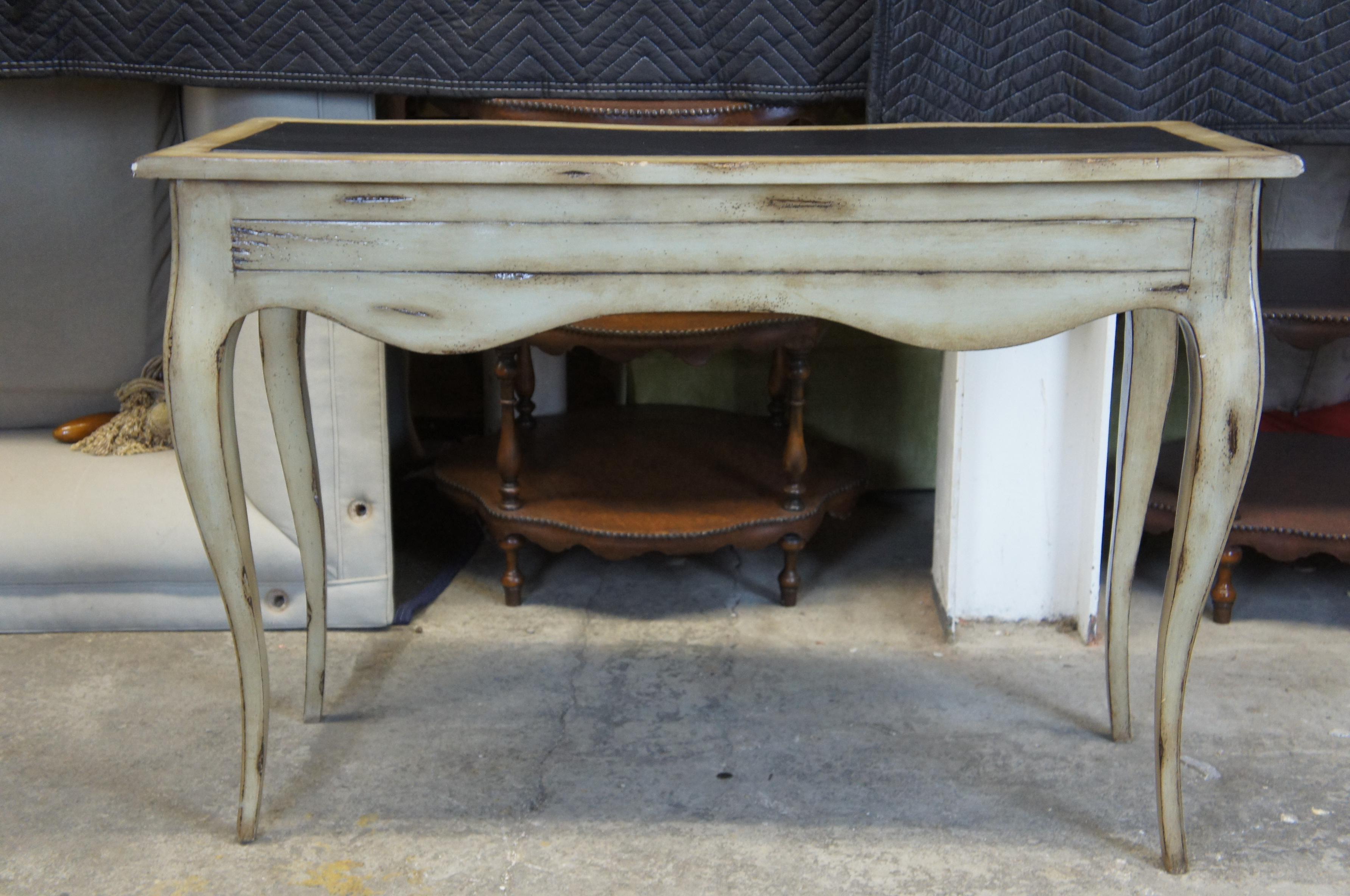 Vintage Distressed Oak French Serpentine Leather Top Entry Table Console Desk 1