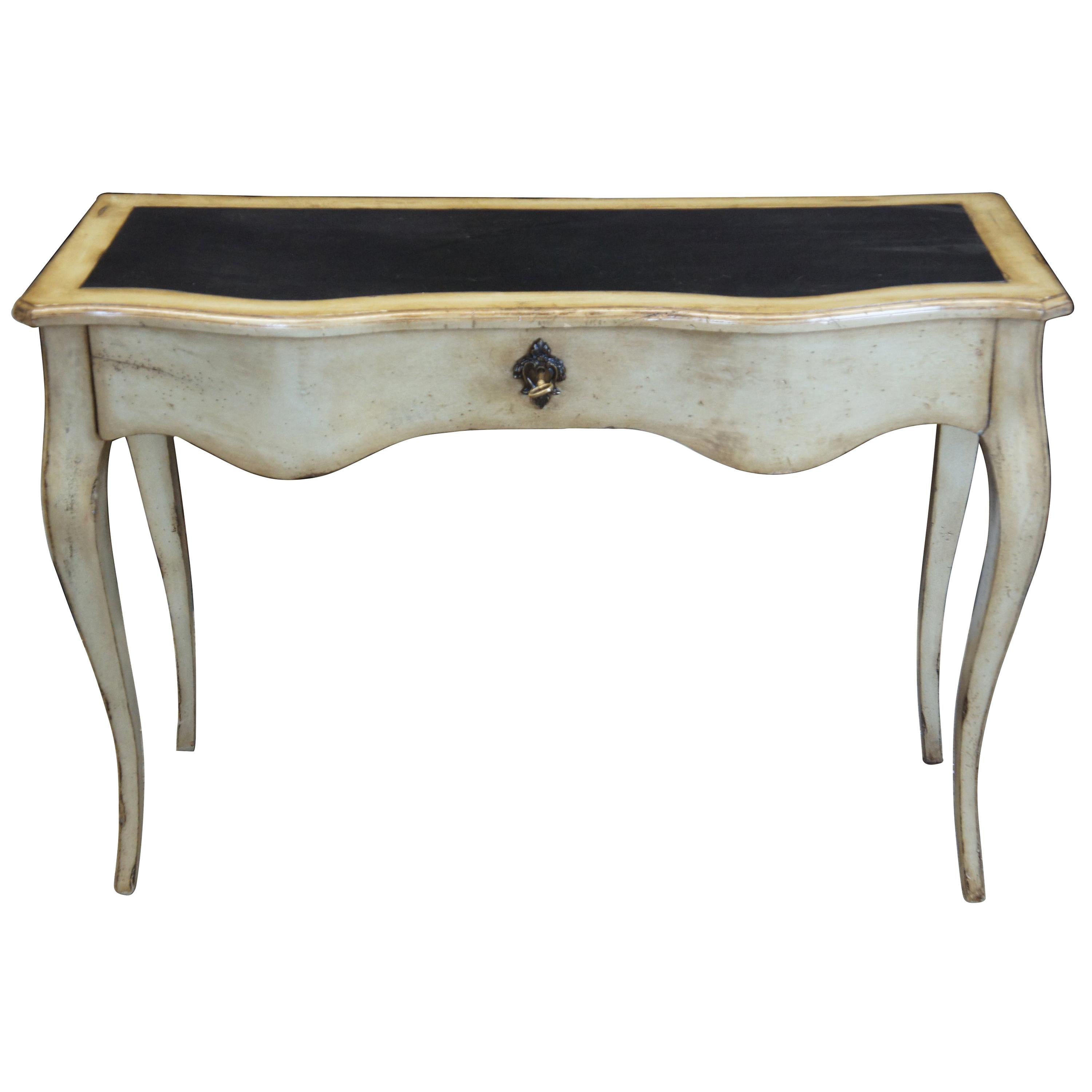 Vintage Distressed Oak French Serpentine Leather Top Entry Table Console Desk
