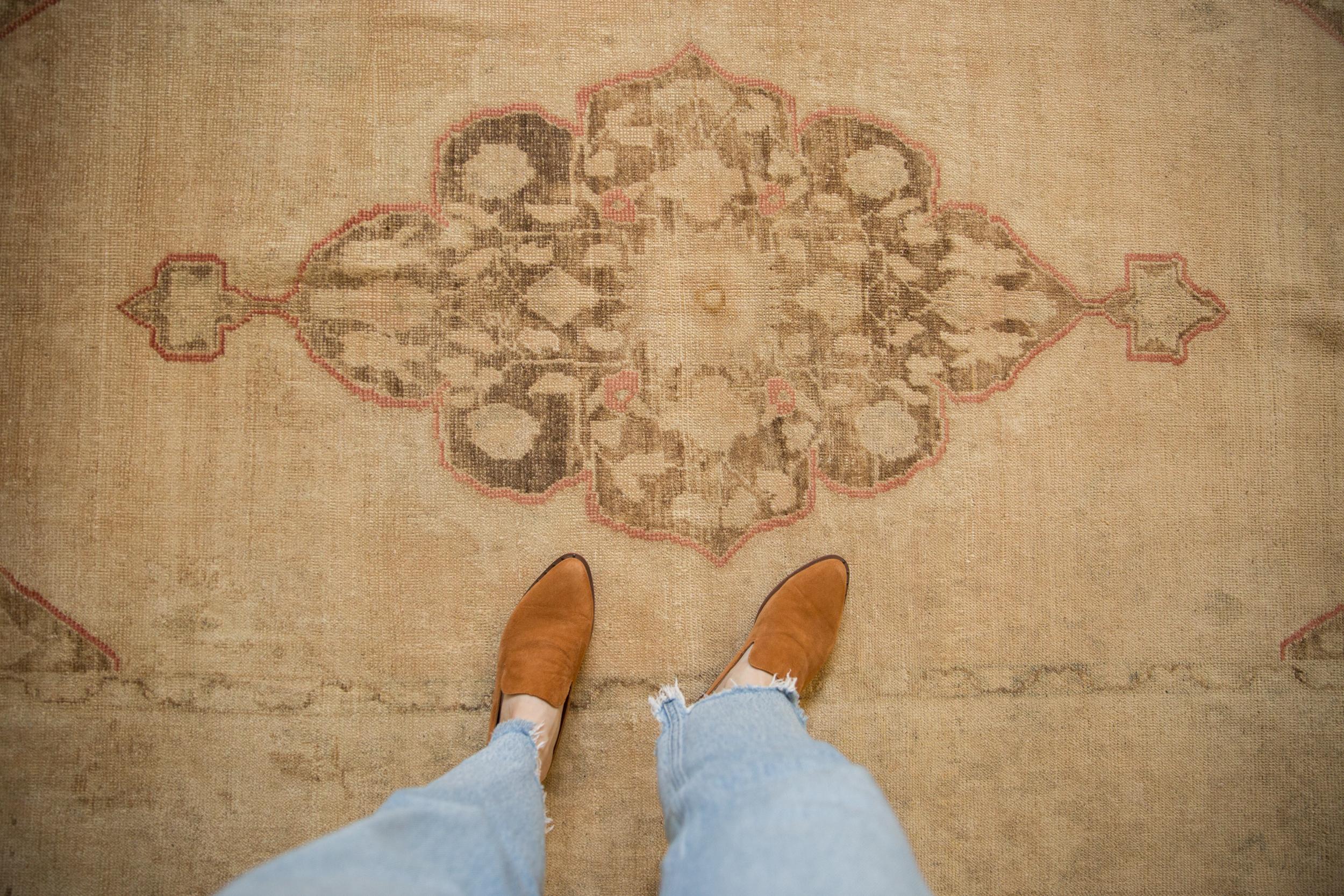 :: Scalloped center medallion with interior floral fills adorned at either end by minor finials atop an open field with corner spandrel overlays loosely reciprocating the contour of the main medallion. Colors and shades include: Beige, dusty