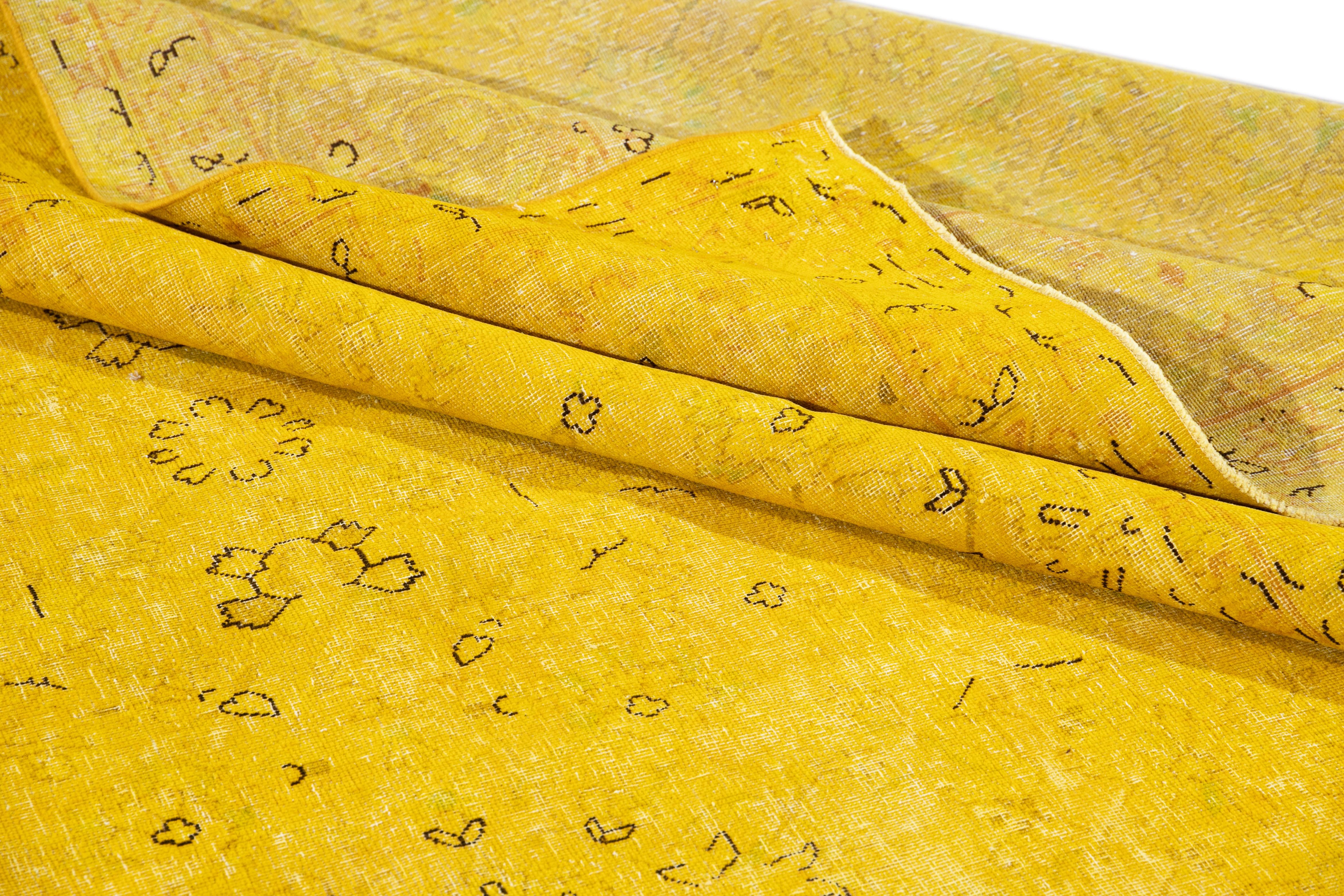 Hand-Knotted Vintage Distressed Overdyed Yellow Wool Rug