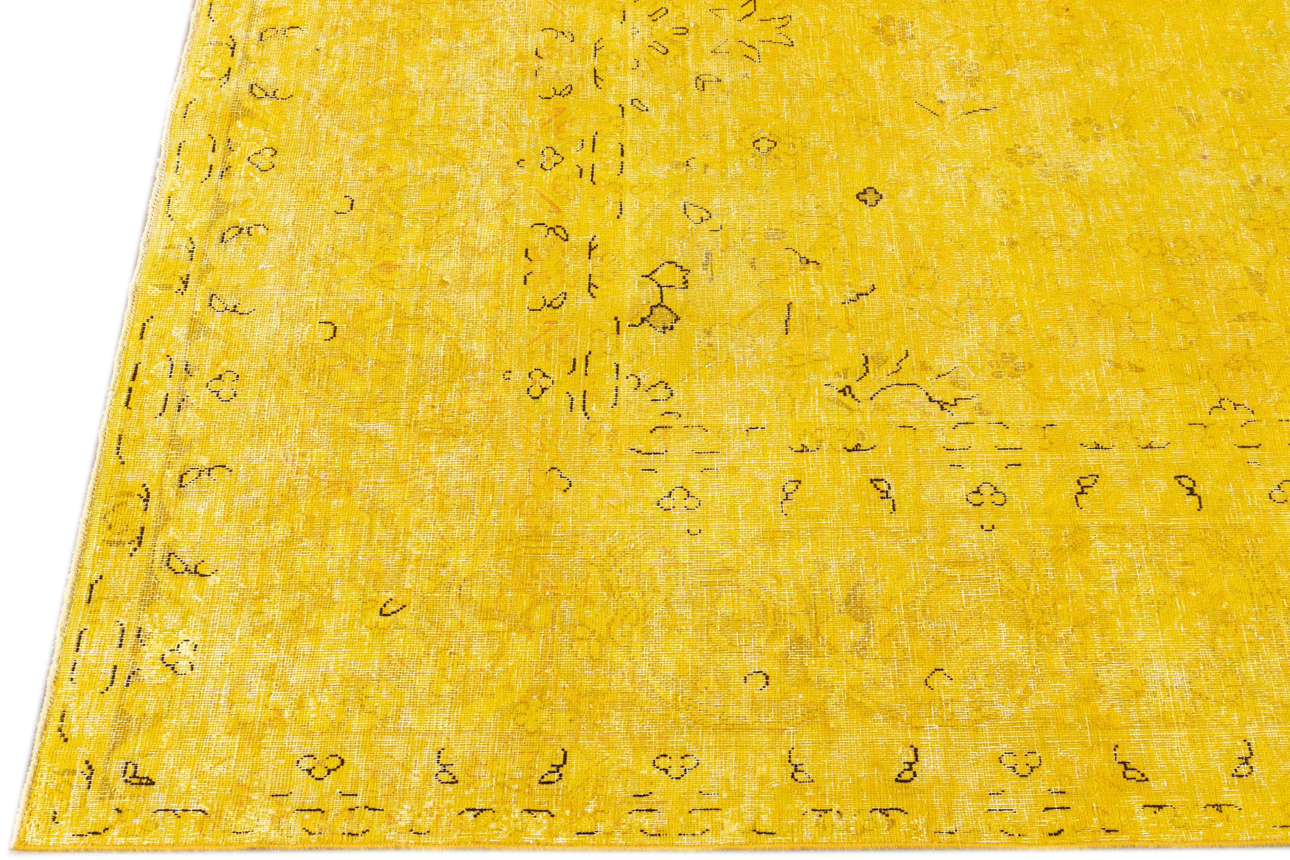 Vintage Distressed Overdyed Yellow Wool Rug In Good Condition In Norwalk, CT
