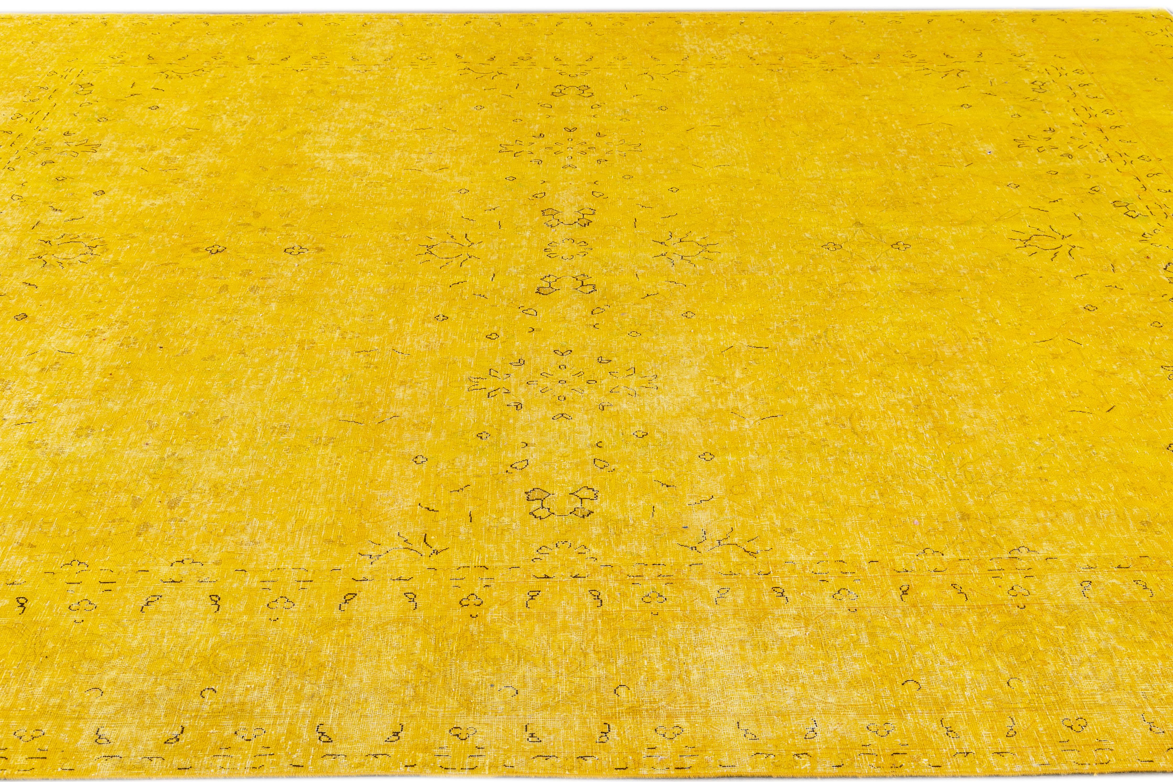 Vintage Distressed Overdyed Yellow Wool Rug 1