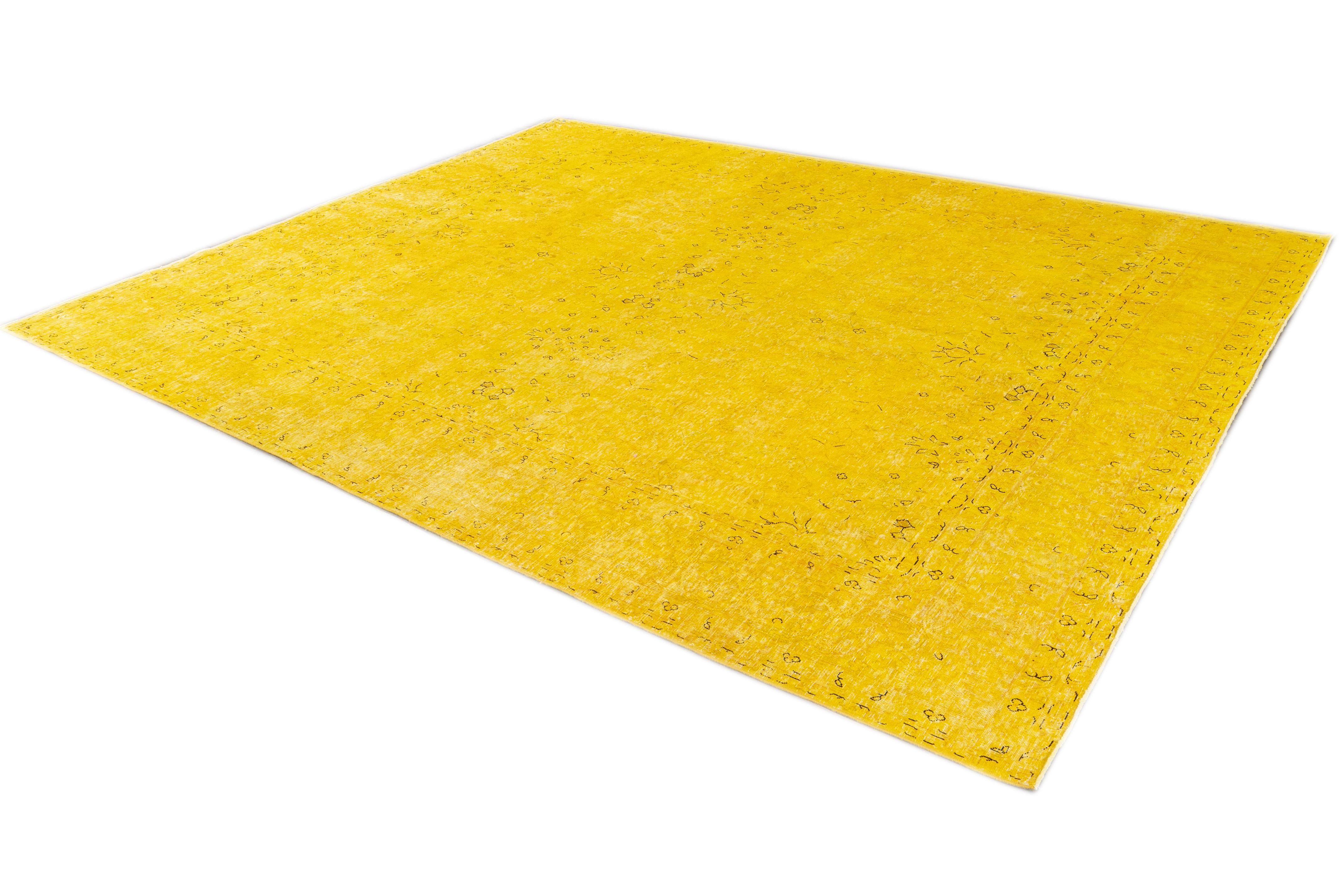 Vintage Distressed Overdyed Yellow Wool Rug 2