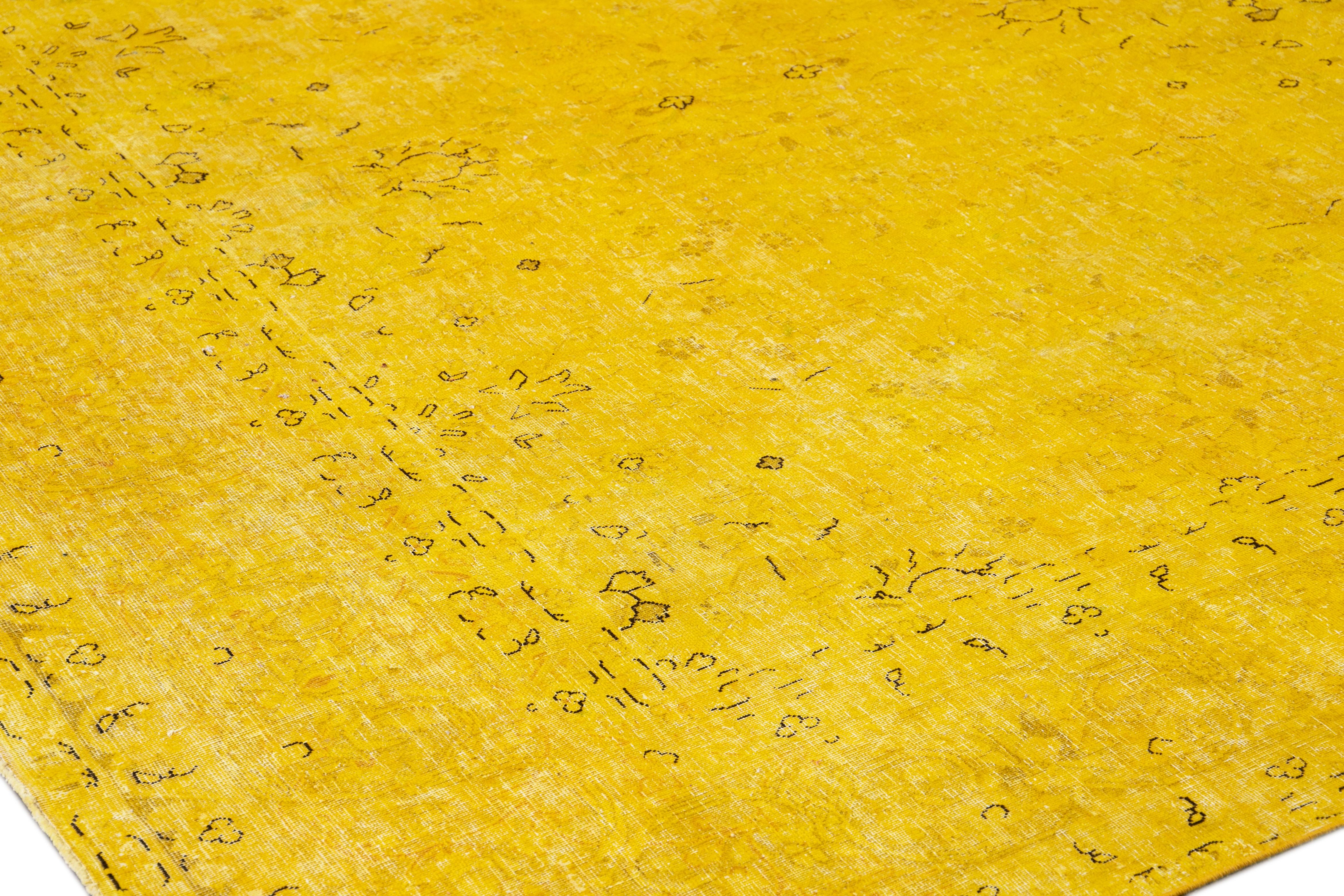 Vintage Distressed Overdyed Yellow Wool Rug 3