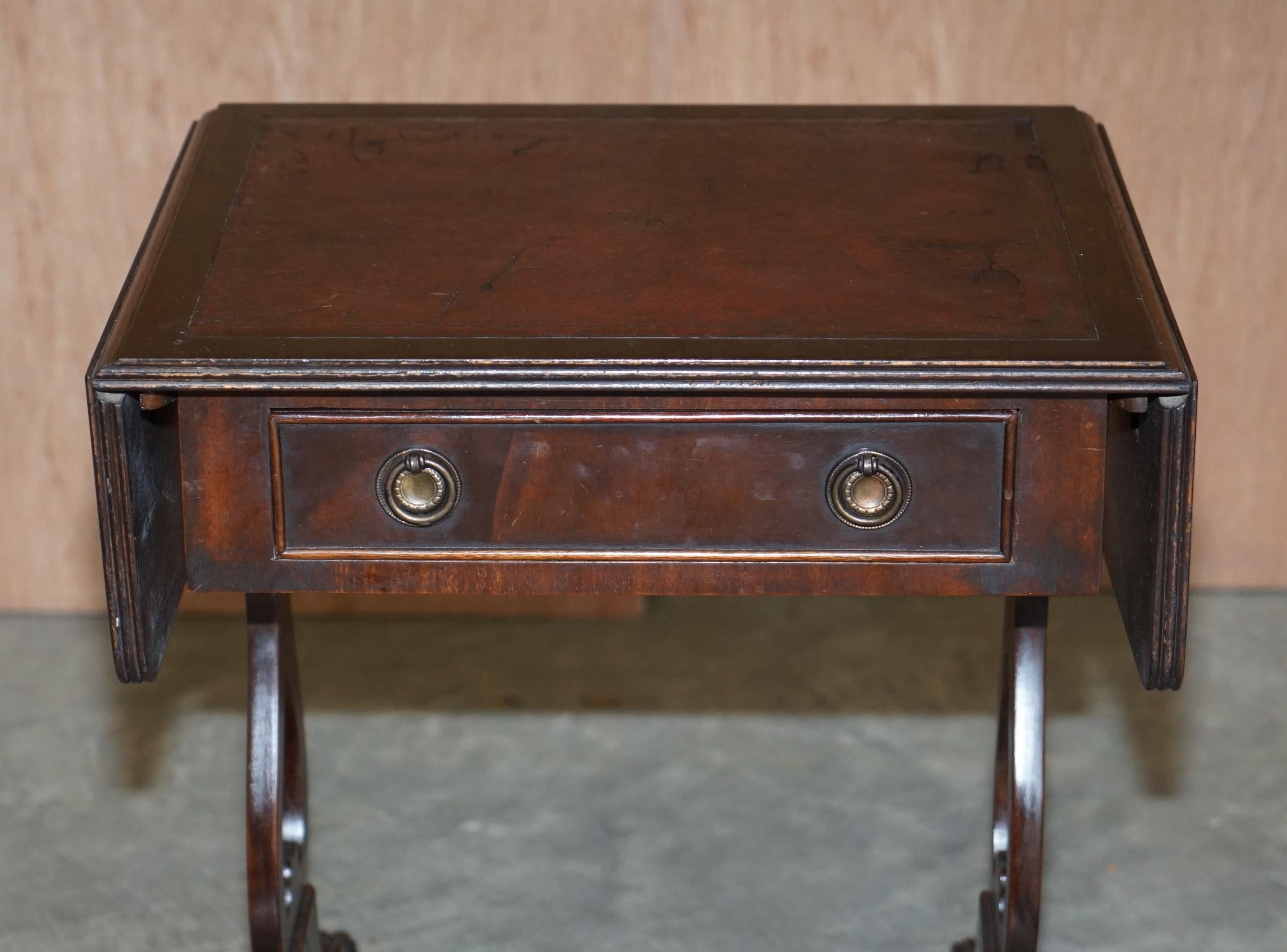 English Vintage Distressed Oxblood Leather Side Table Extending Top Great Games Table
