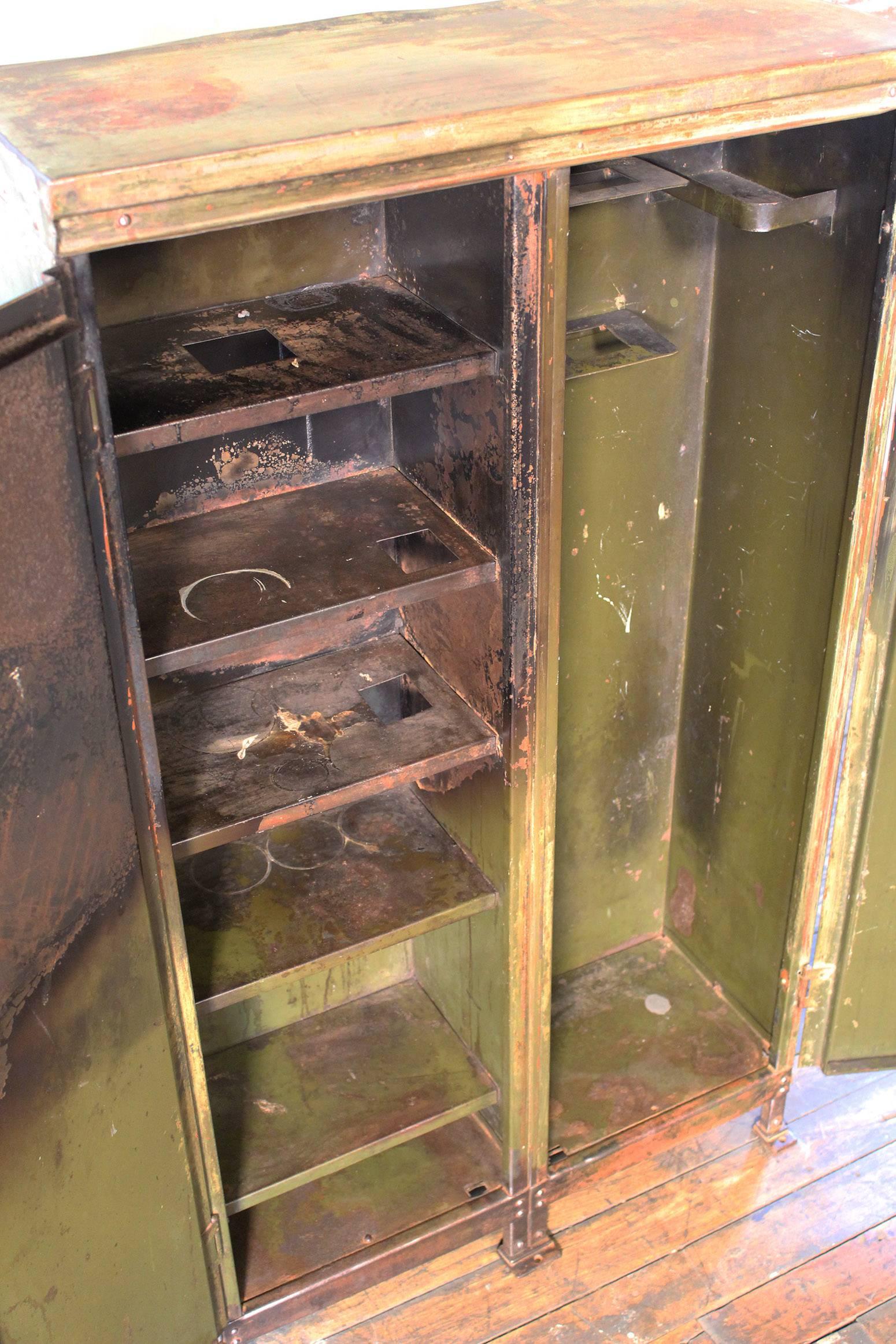 20th Century Vintage Distressed Painted Metal Storage Cabinet Locker