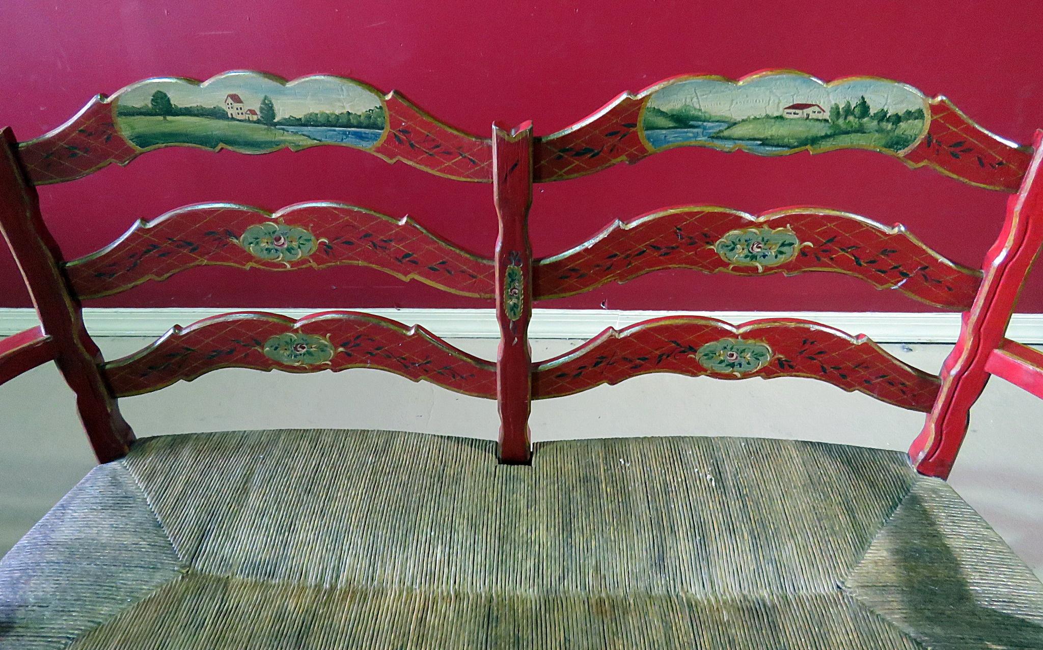 Vintage Scenic Paint Decorated Distressed Rush Seated Painted Settee In Good Condition In Swedesboro, NJ