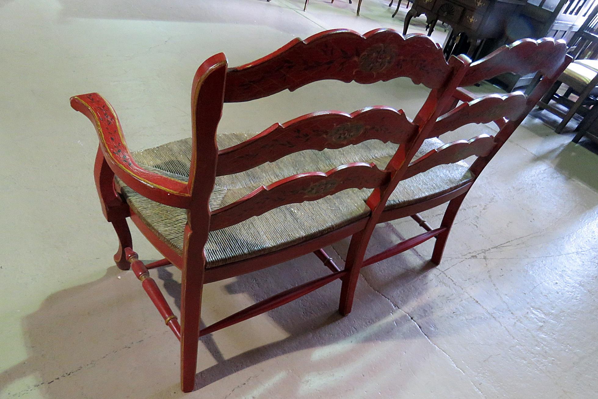 Vintage Scenic Paint Decorated Distressed Rush Seated Painted Settee 1