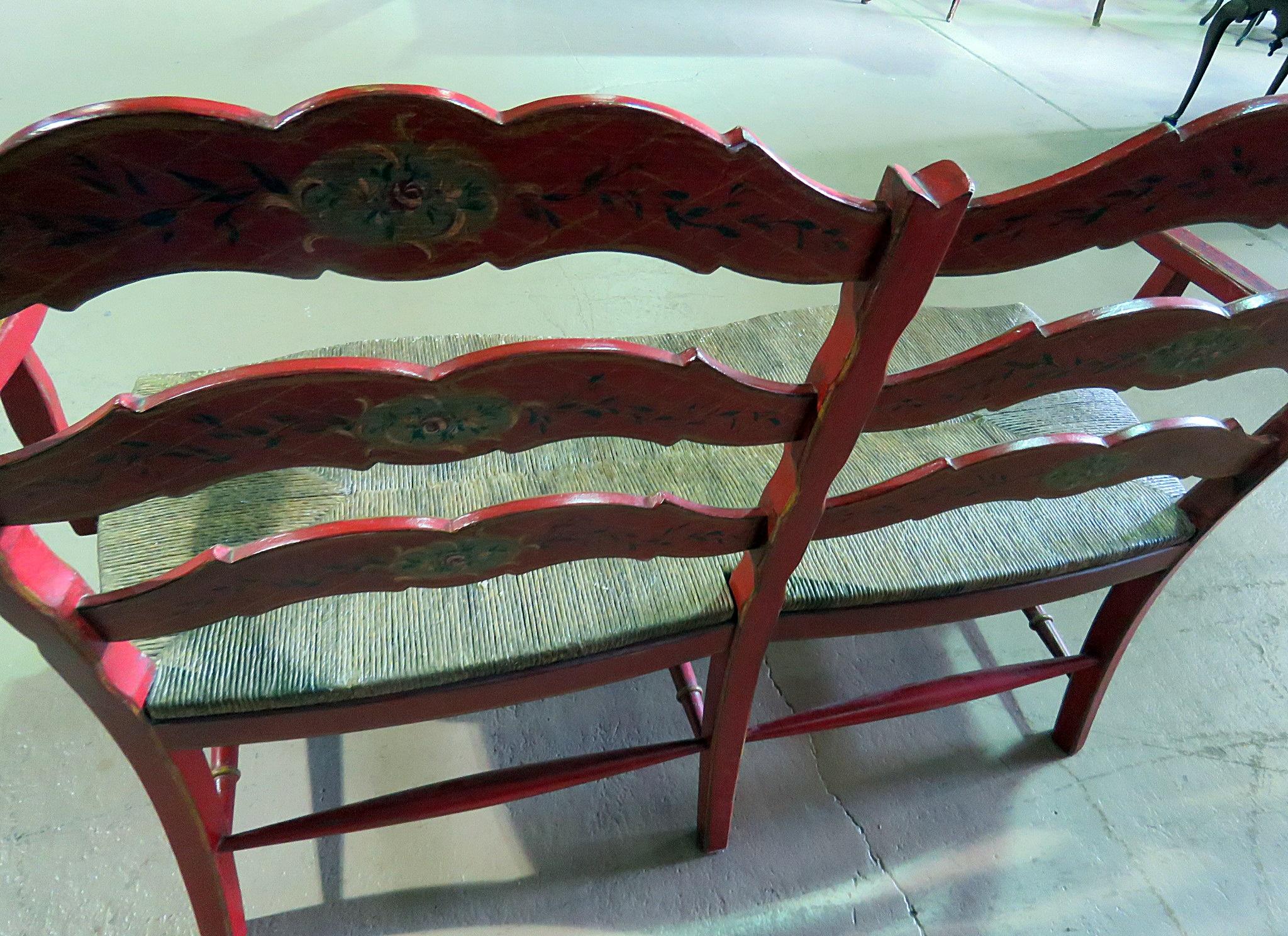 Vintage Scenic Paint Decorated Distressed Rush Seated Painted Settee 2