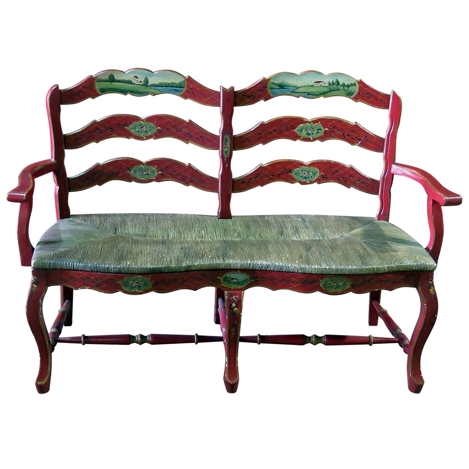 Vintage Scenic Paint Decorated Distressed Rush Seated Painted Settee