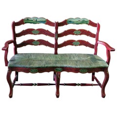 Vintage Scenic Paint Decorated Distressed Rush Seated Painted Settee