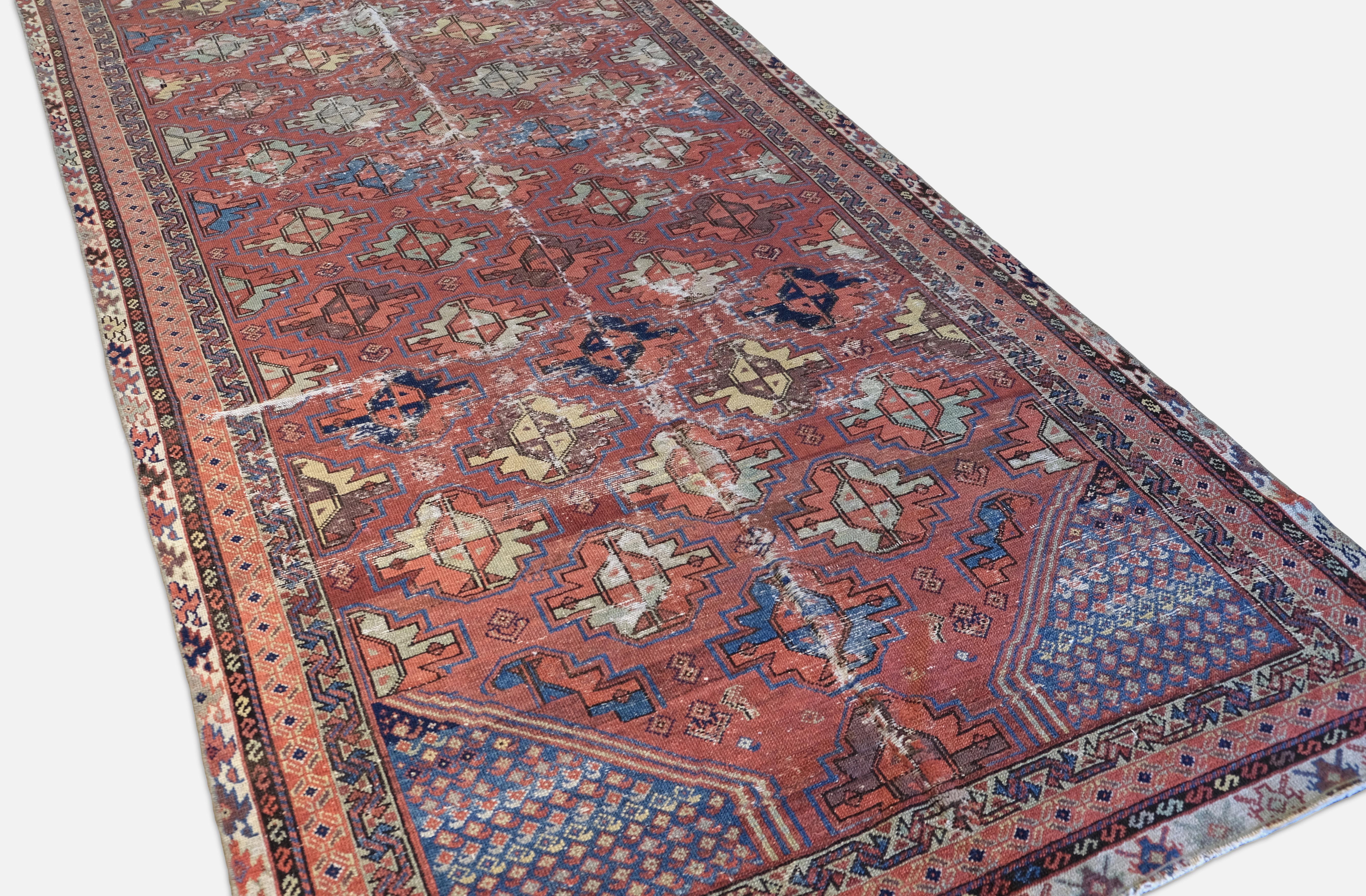 Persiano Vintage Distressed Persian Heriz Red Blue Wool Rug 4'7''x10'10'' in vendita