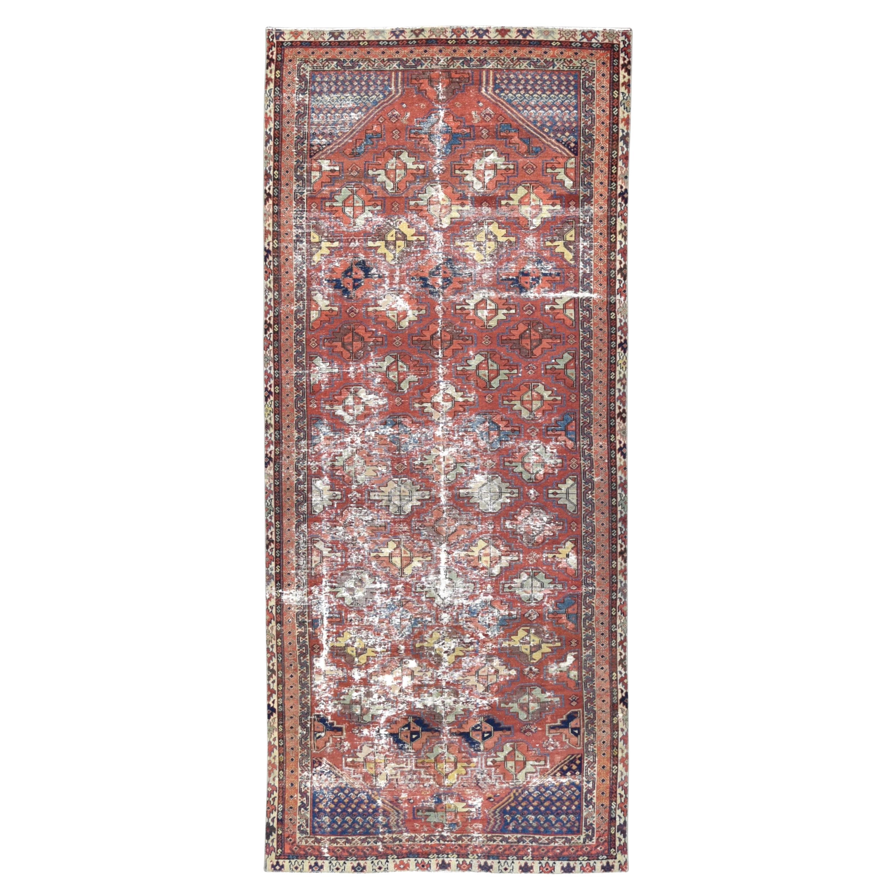 Vintage Distressed Persian Heriz Red Blue Wool Rug 4'7''x10'10'' in vendita