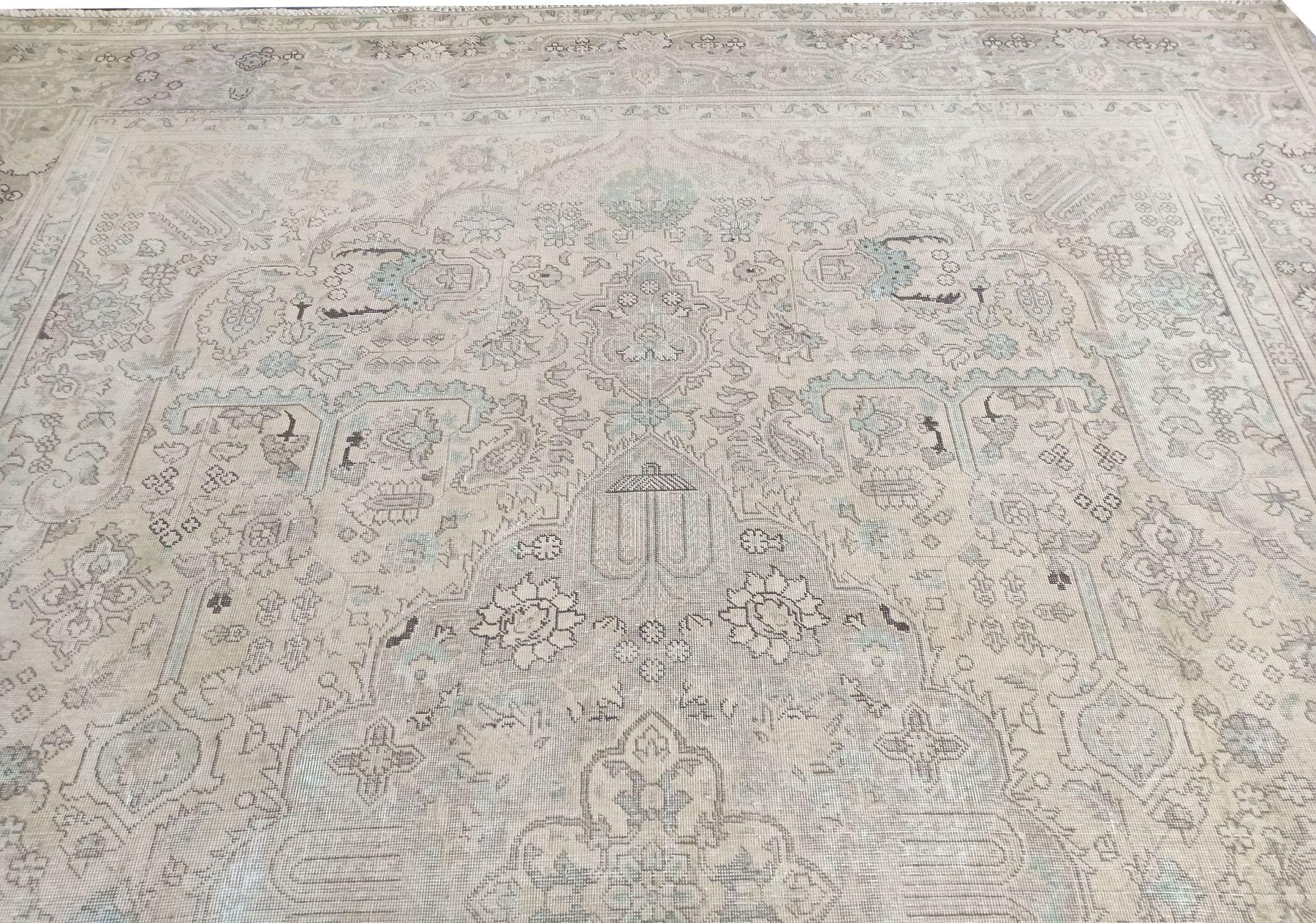 Hand-Knotted Vintage Distressed Persian Tabriz For Sale