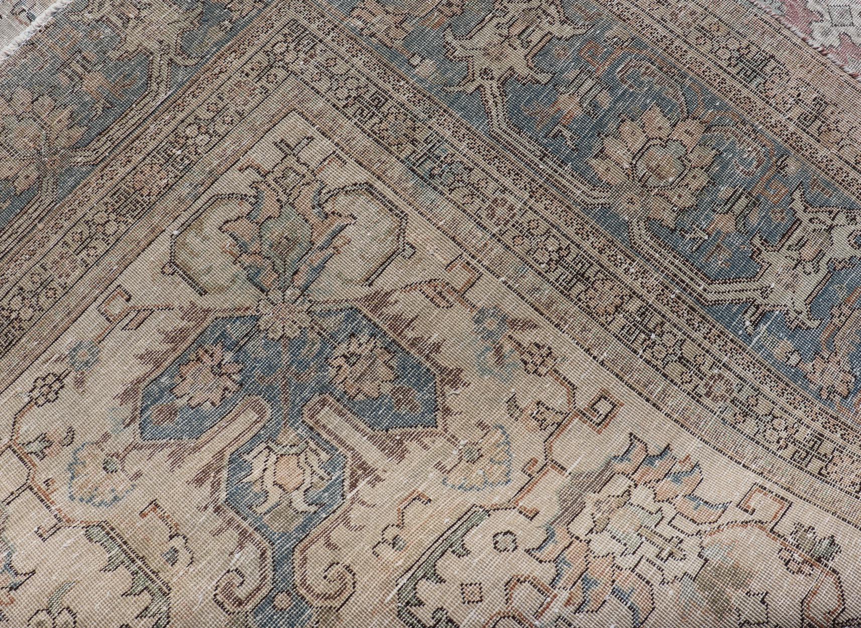 Vintage Distressed Persian Tabriz Rug in  Light Blue and Earth Tones For Sale 5