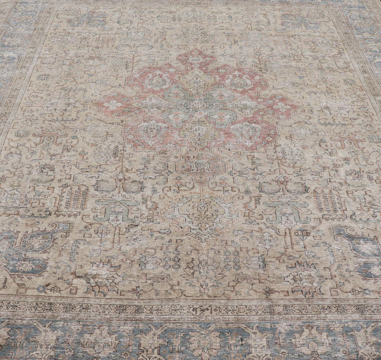 Vintage Distressed Persian Tabriz Rug in  Light Blue and Earth Tones For Sale 8