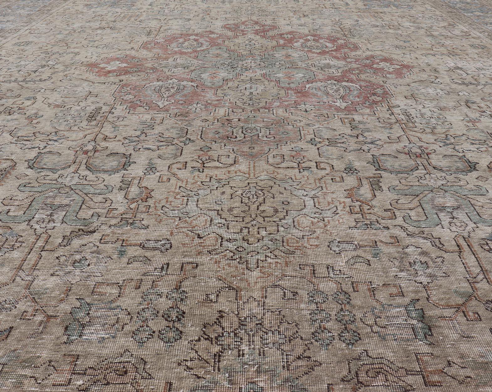 Vintage Distressed Persian Tabriz Rug in  Light Blue and Earth Tones For Sale 9