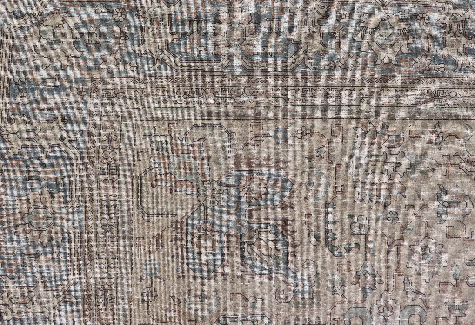 Vintage Distressed Persian Tabriz Rug in  Light Blue and Earth Tones In Distressed Condition For Sale In Atlanta, GA