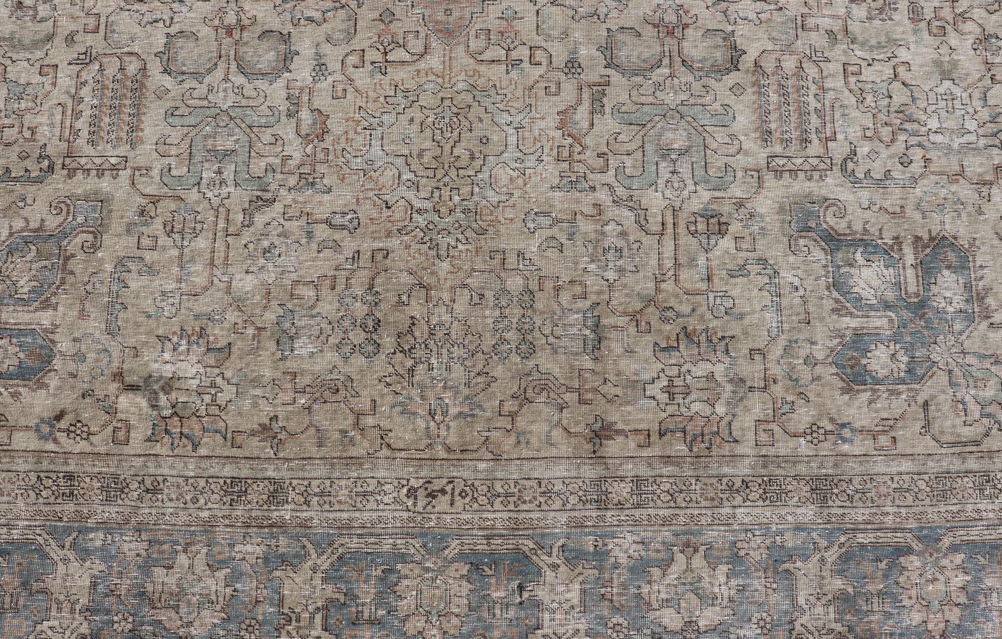 Wool Vintage Distressed Persian Tabriz Rug in  Light Blue and Earth Tones For Sale