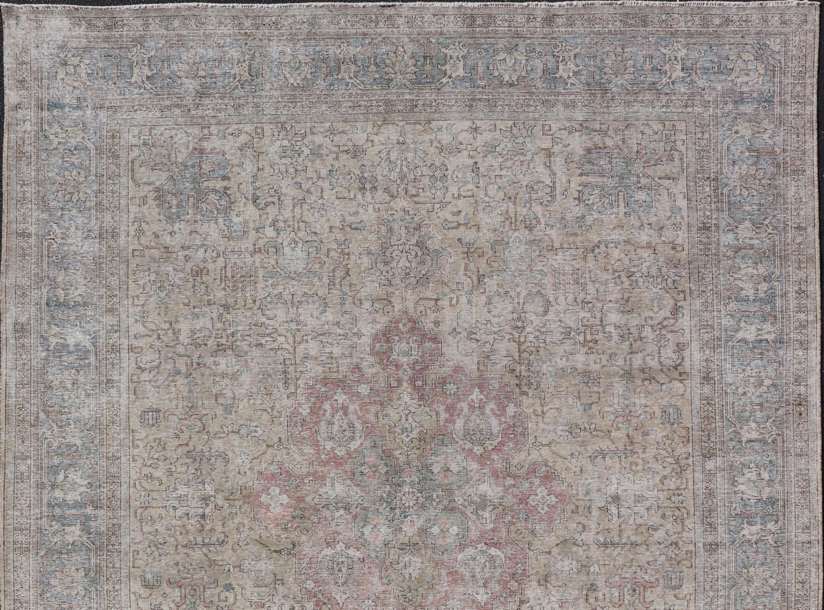 Vintage Distressed Persian Tabriz Rug in  Light Blue and Earth Tones For Sale 2