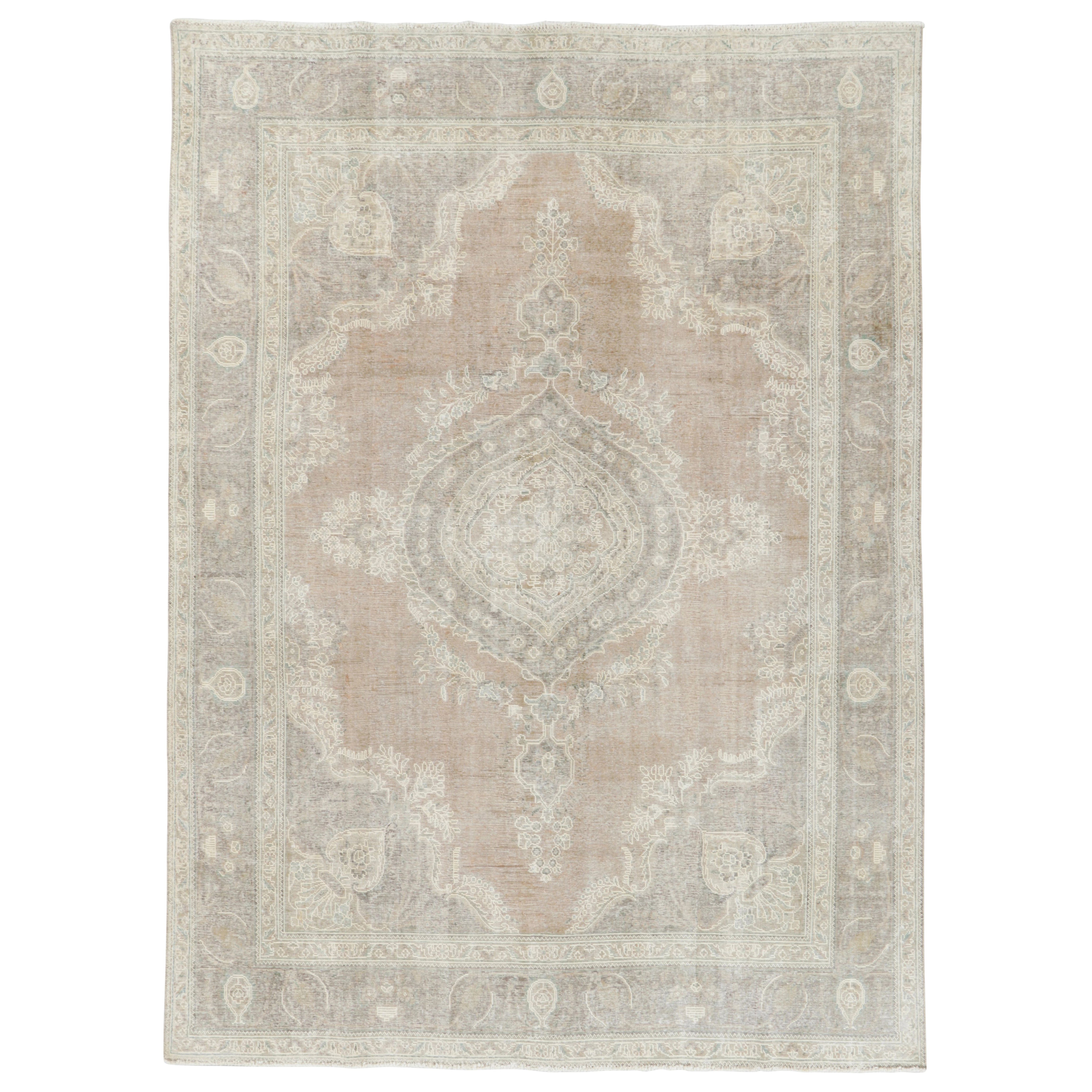 Tapis persan Tabriz vintage vieilli, médaillon en beige-brun - Rug & Kilim
