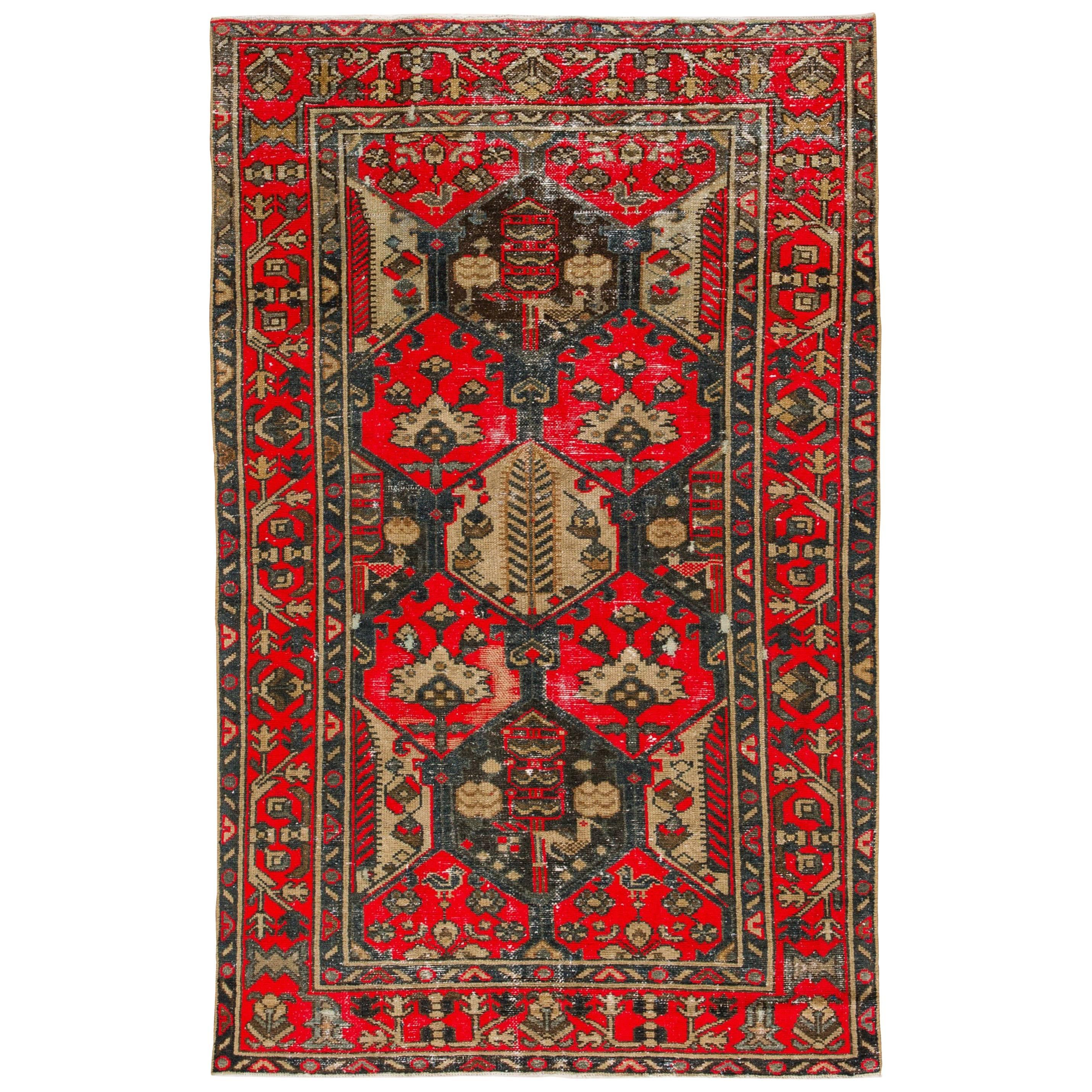 Tappeto persiano Tabriz vintage rosso e marrone, con segni di deterioramento