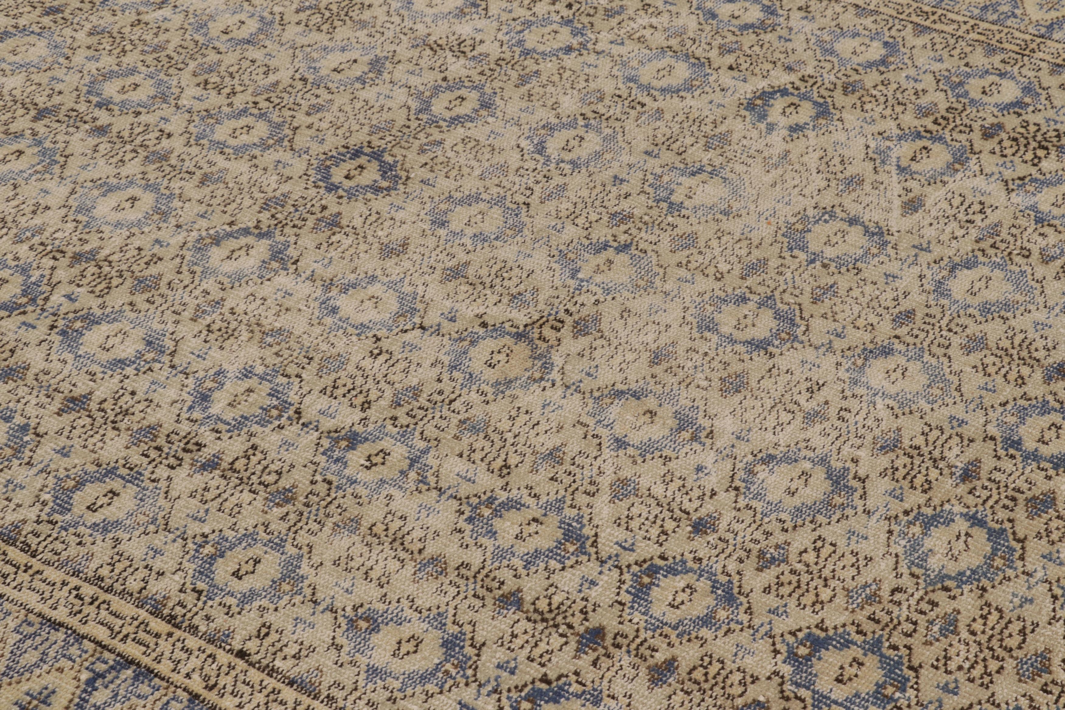 Turkish Vintage Distressed Rug, Beige and Blue Geometric Floral Pattern - Rug & Kilim For Sale