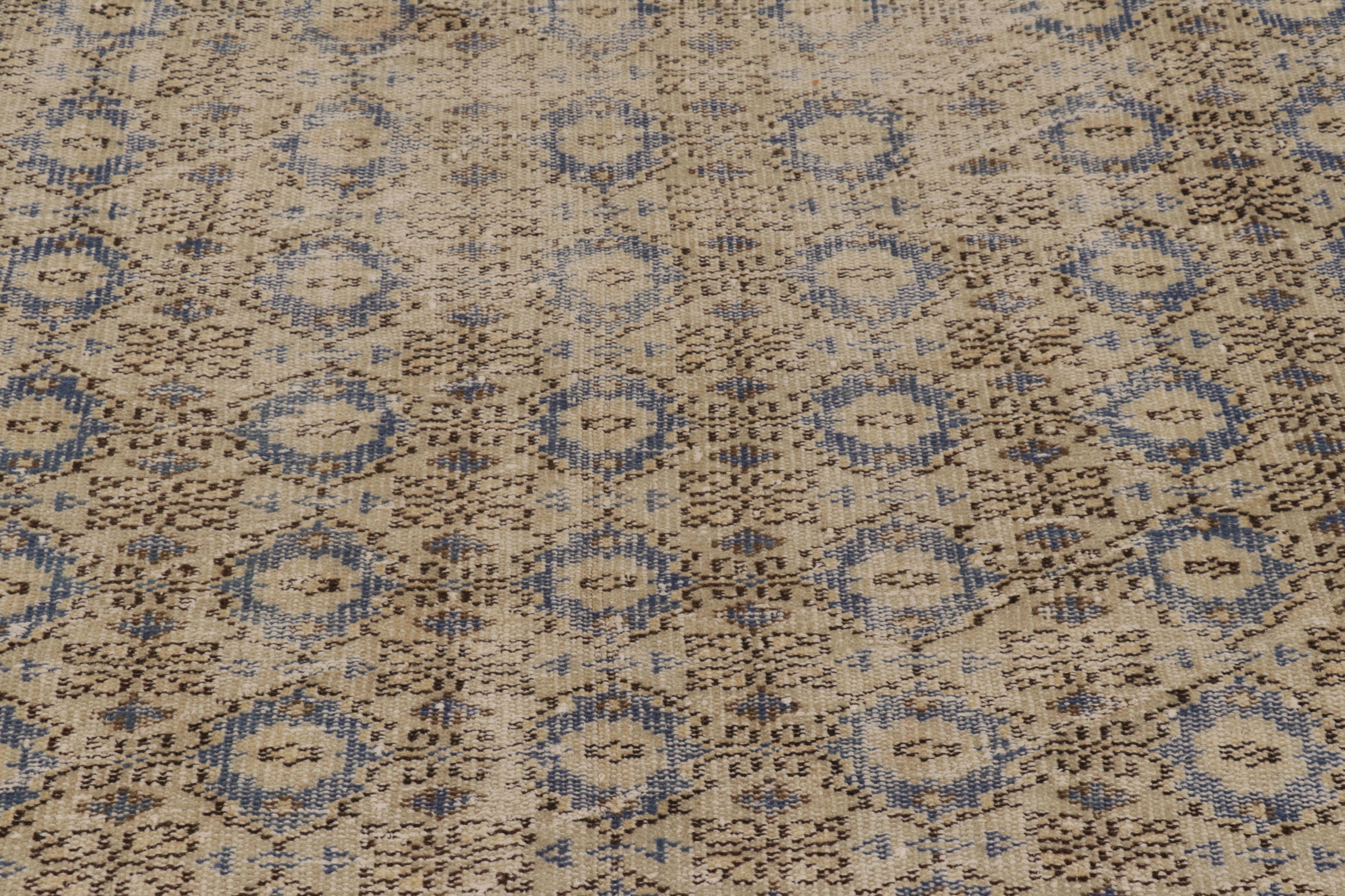 Hand-Knotted Vintage Distressed Rug, Beige and Blue Geometric Floral Pattern - Rug & Kilim For Sale