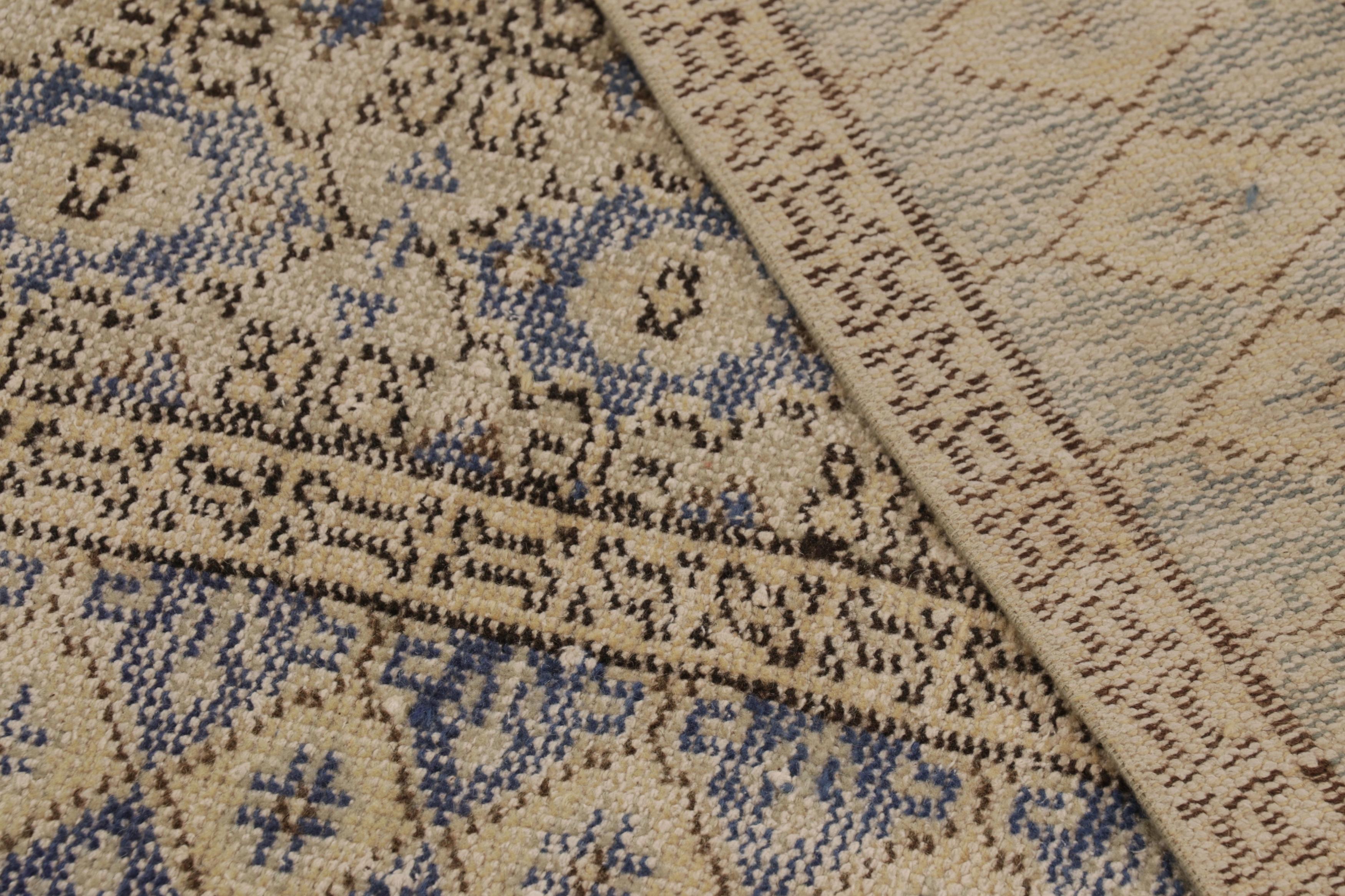 Wool Vintage Distressed Rug, Beige and Blue Geometric Floral Pattern - Rug & Kilim For Sale