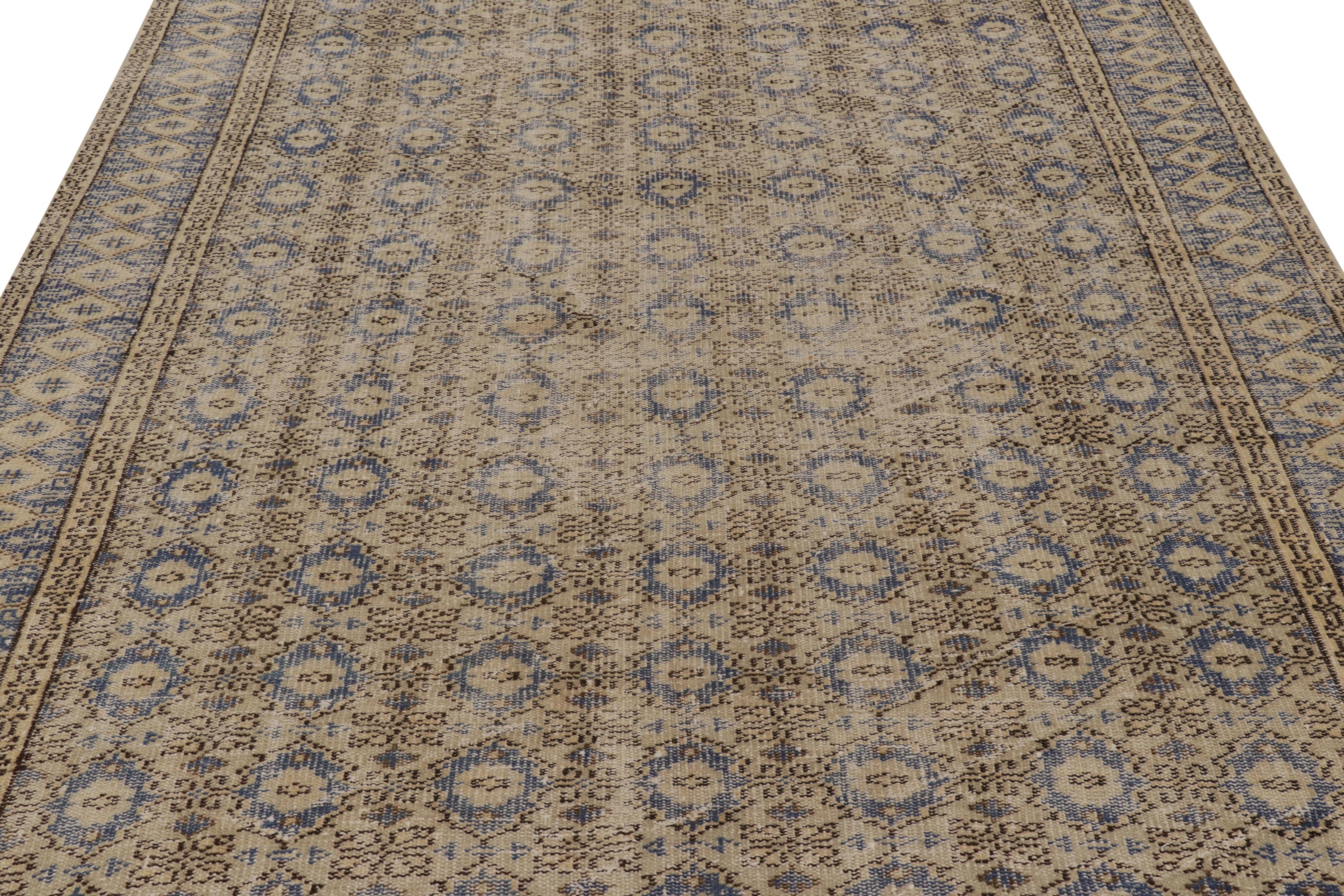 Vintage Distressed Rug, Beige and Blue Geometric Floral Pattern - Rug & Kilim For Sale 1