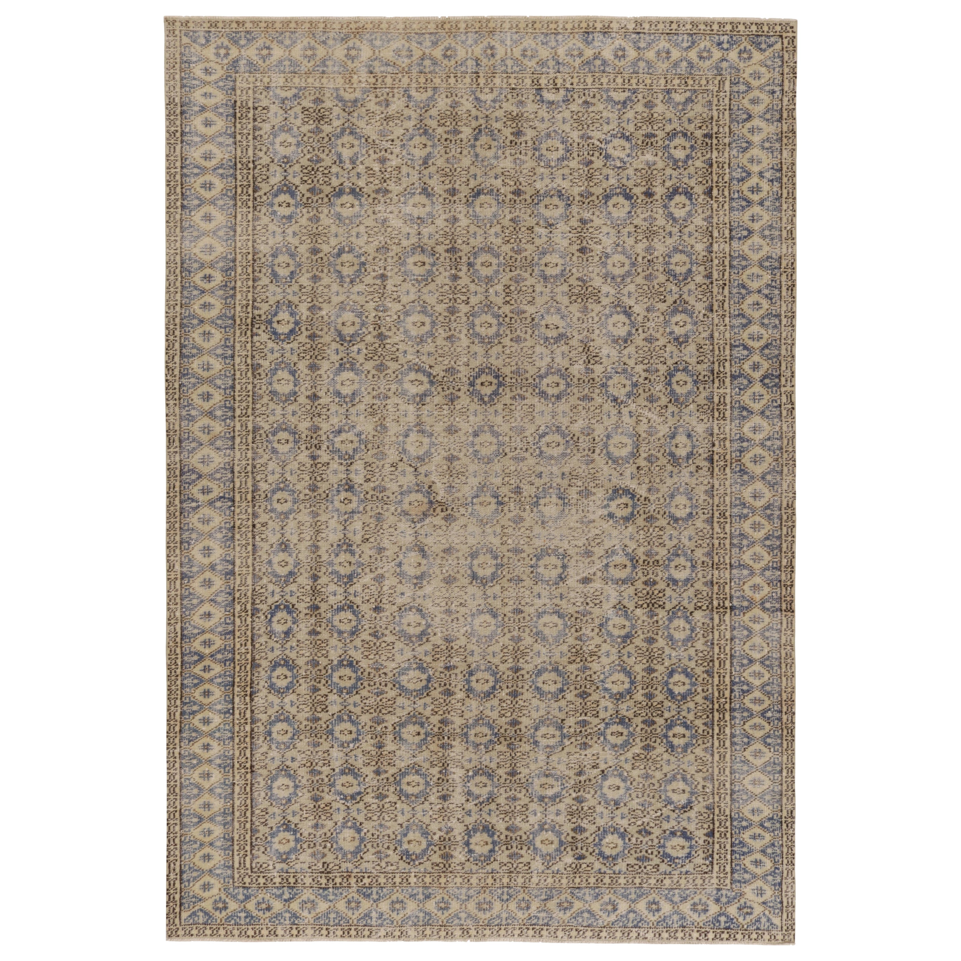 Vintage Distressed Teppich, Beige und Blau Geometrisches Blumenmuster - Rug & Kilim